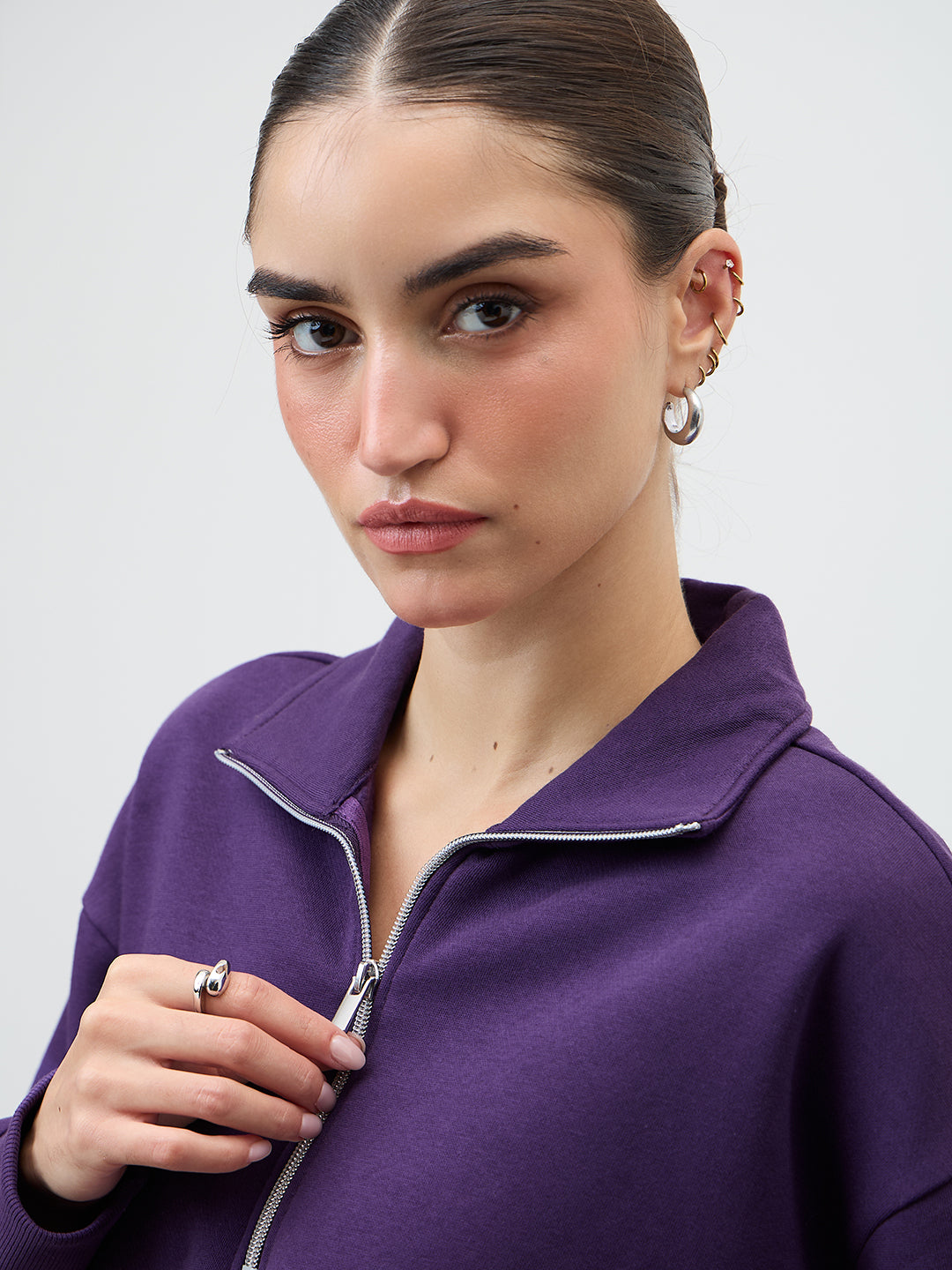 Purple Half Zipper Fleece Crop Sweatshirt