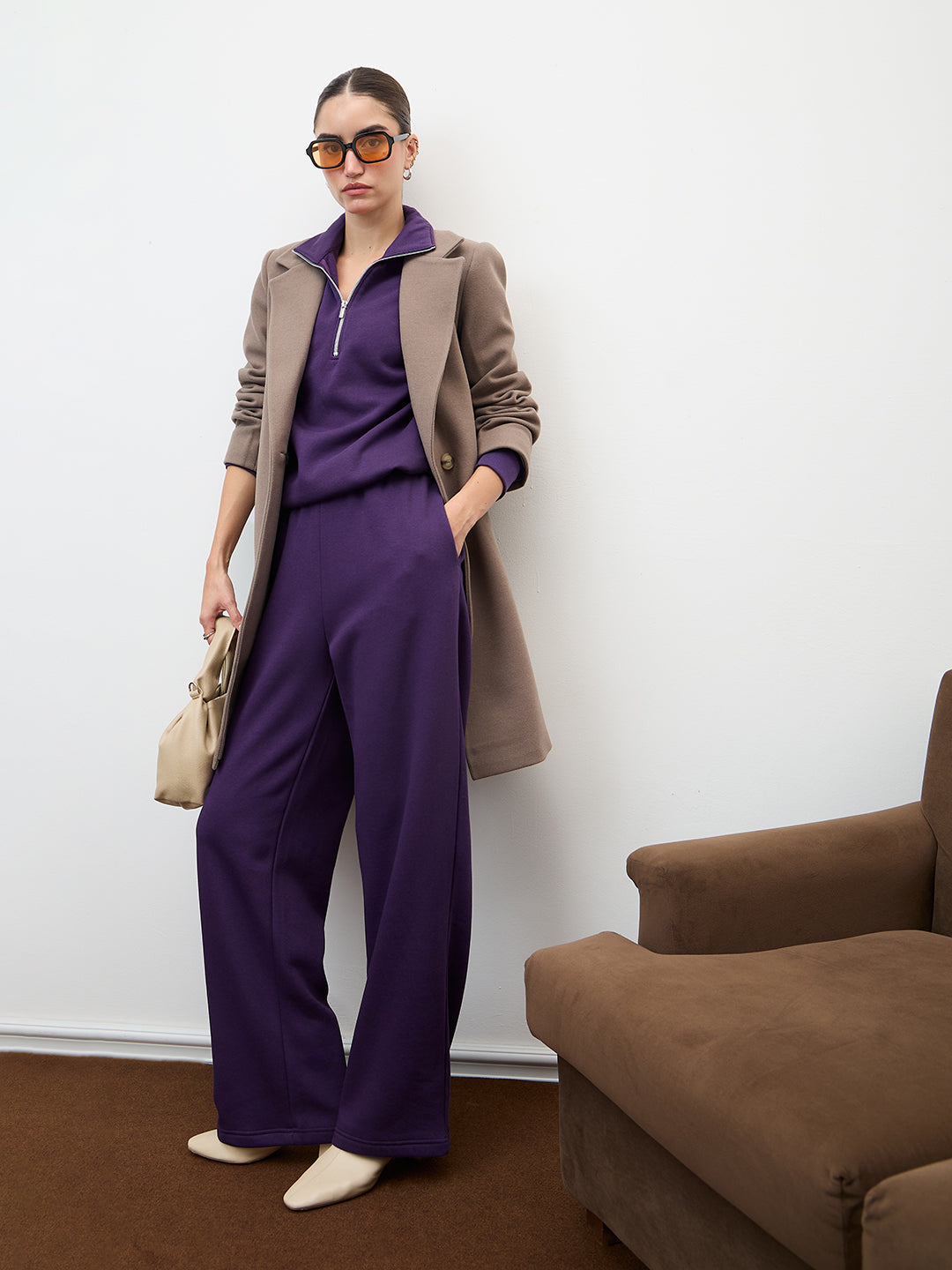 Purple Half Zipper Fleece Crop Sweatshirt