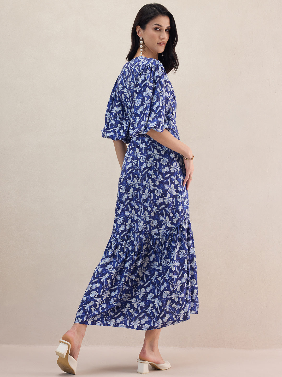Blue Floral Printed Wrap Maxi Dress