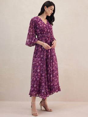 Purple Floral Printed Wrap Maxi Dress