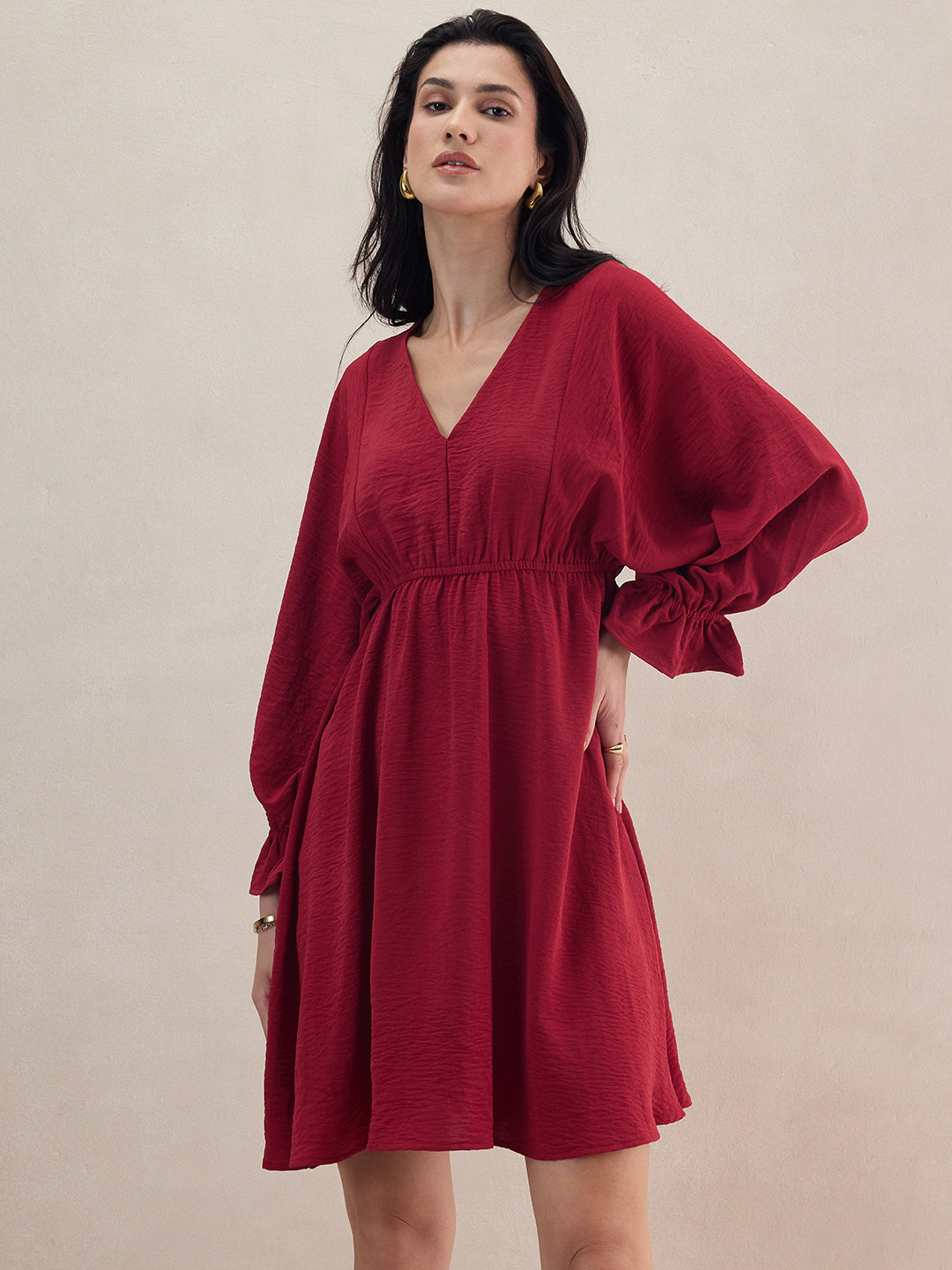 Red Kimono Sleeve Midi Dress