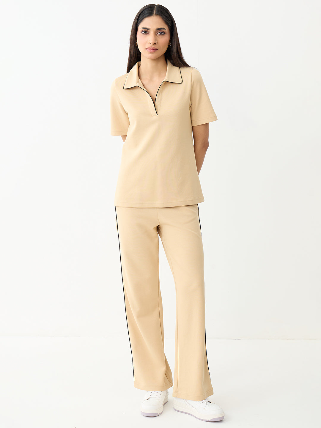 Beige With Contrast Edge Knit Co-Ord