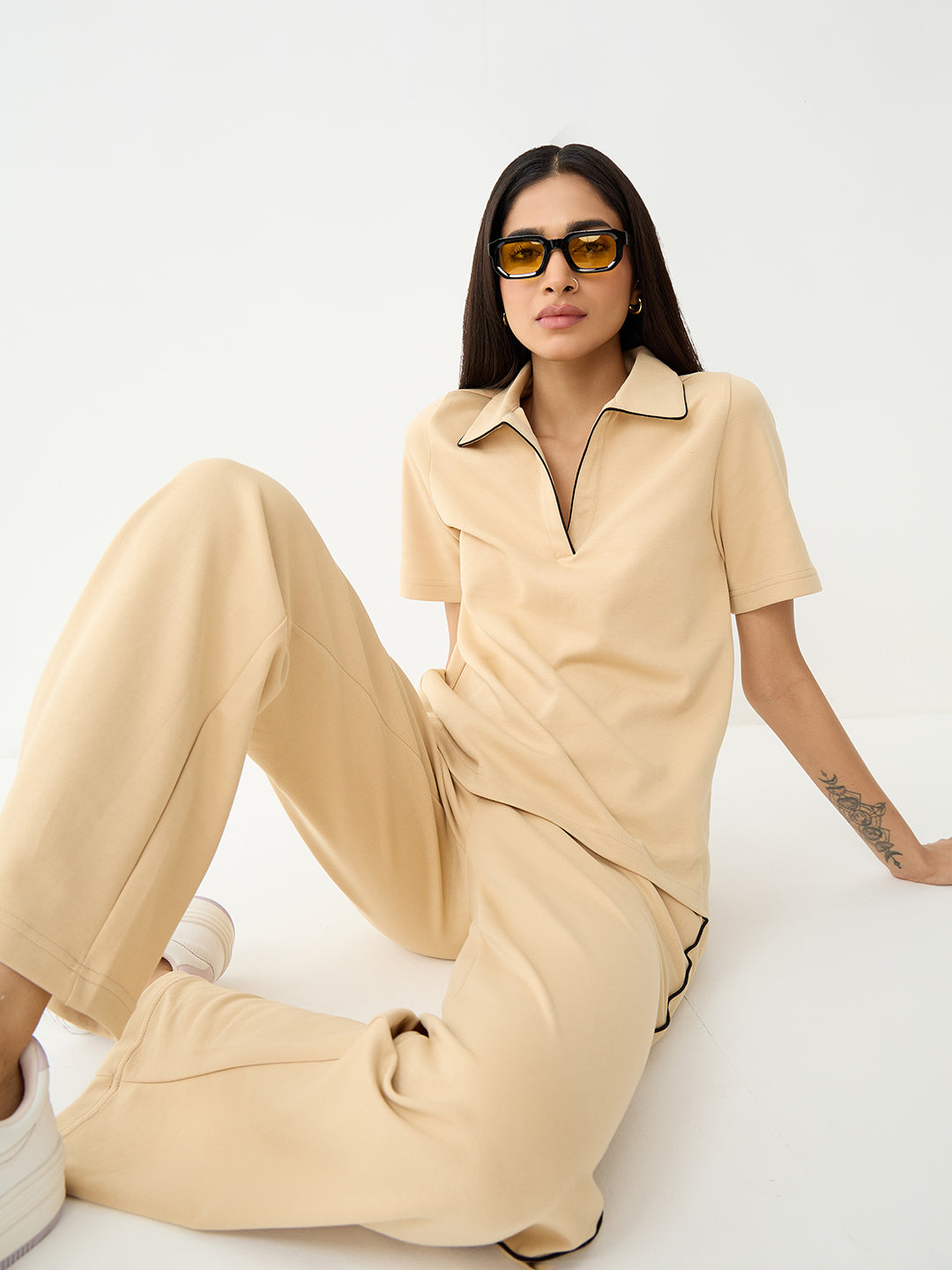 Beige With Contrast Edge Knit Co-Ord