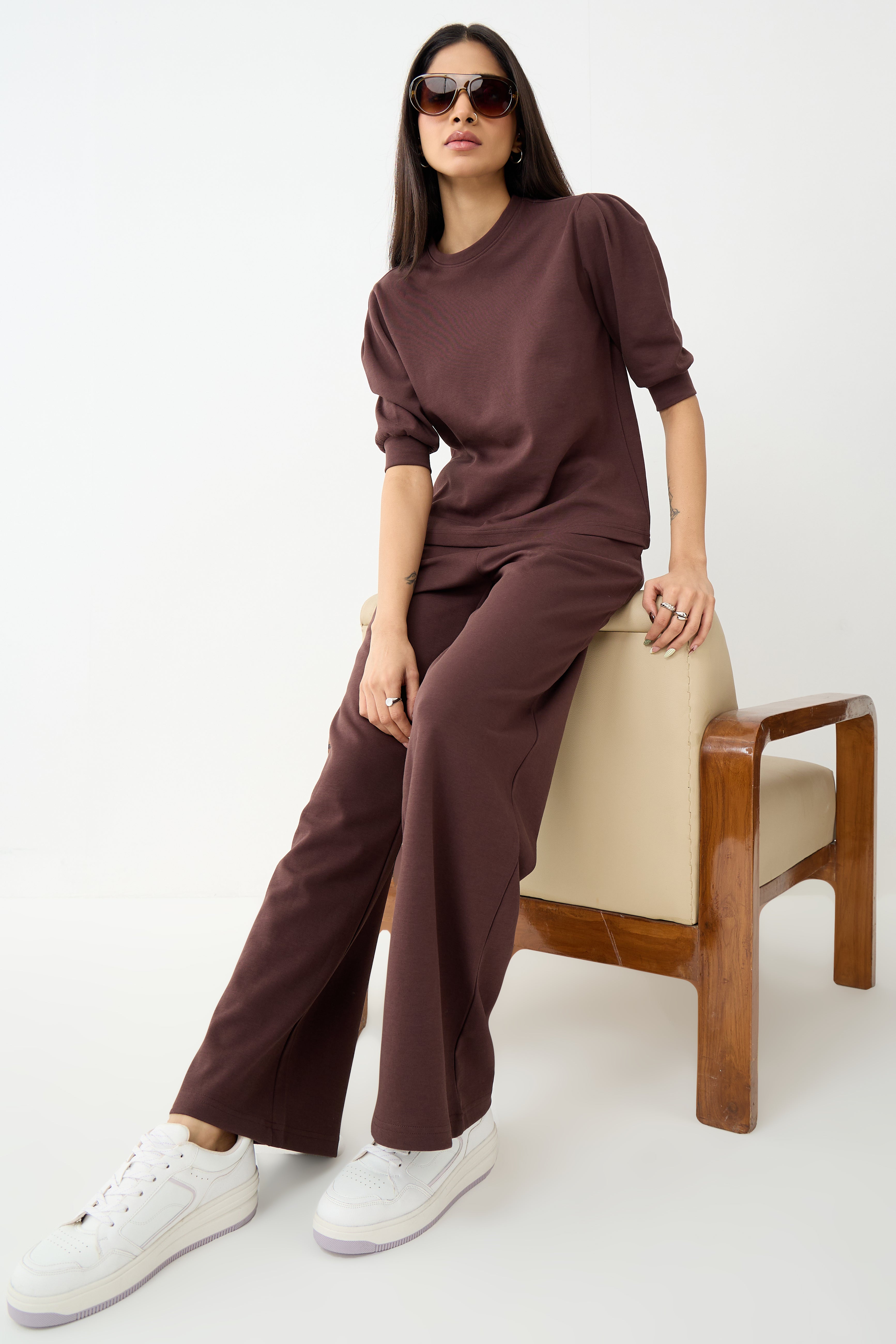 Coffee Brown Puff Sleeves Knit Co-Ord