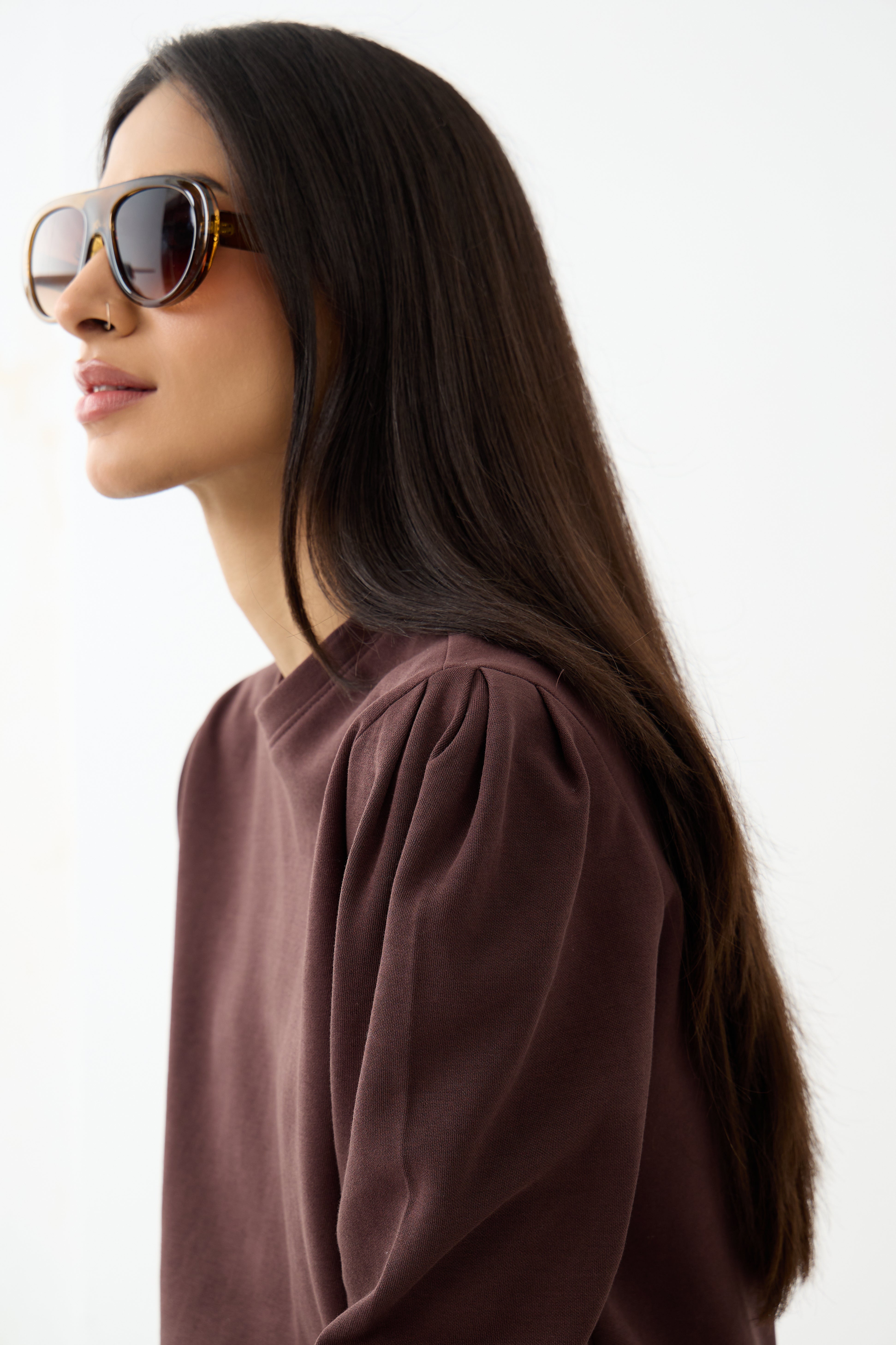 Coffee Brown Puff Sleeves Knit Co-Ord