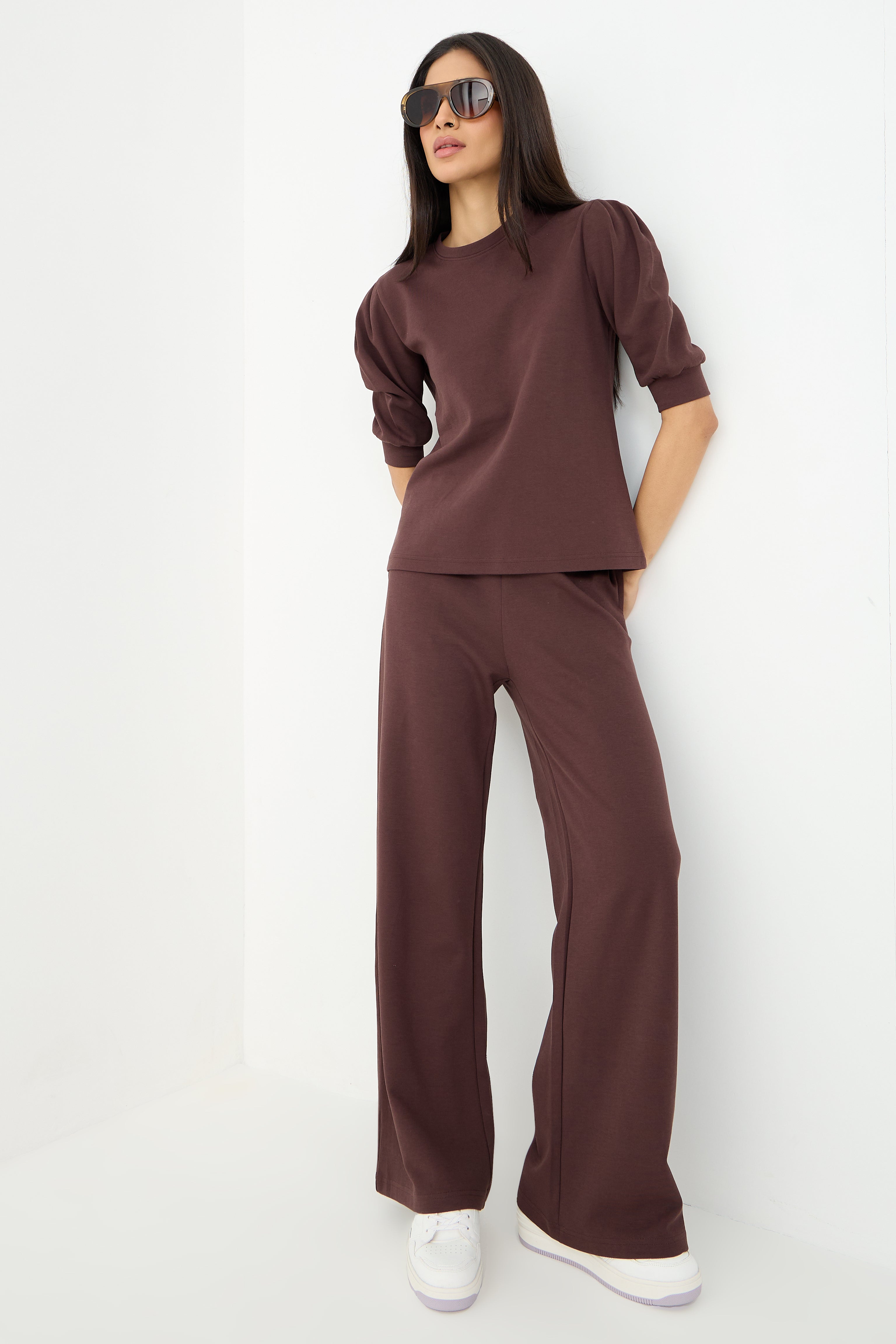 Coffee Brown Puff Sleeves Knit Co-Ord