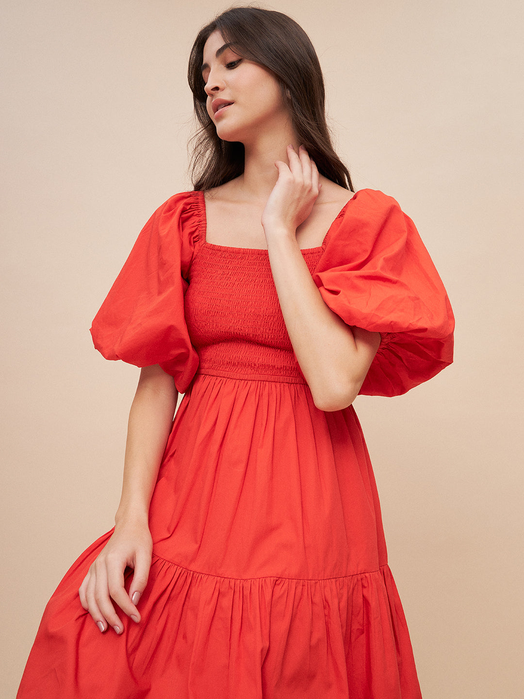 Orange Cotton Smocked Mini Tiered Dress