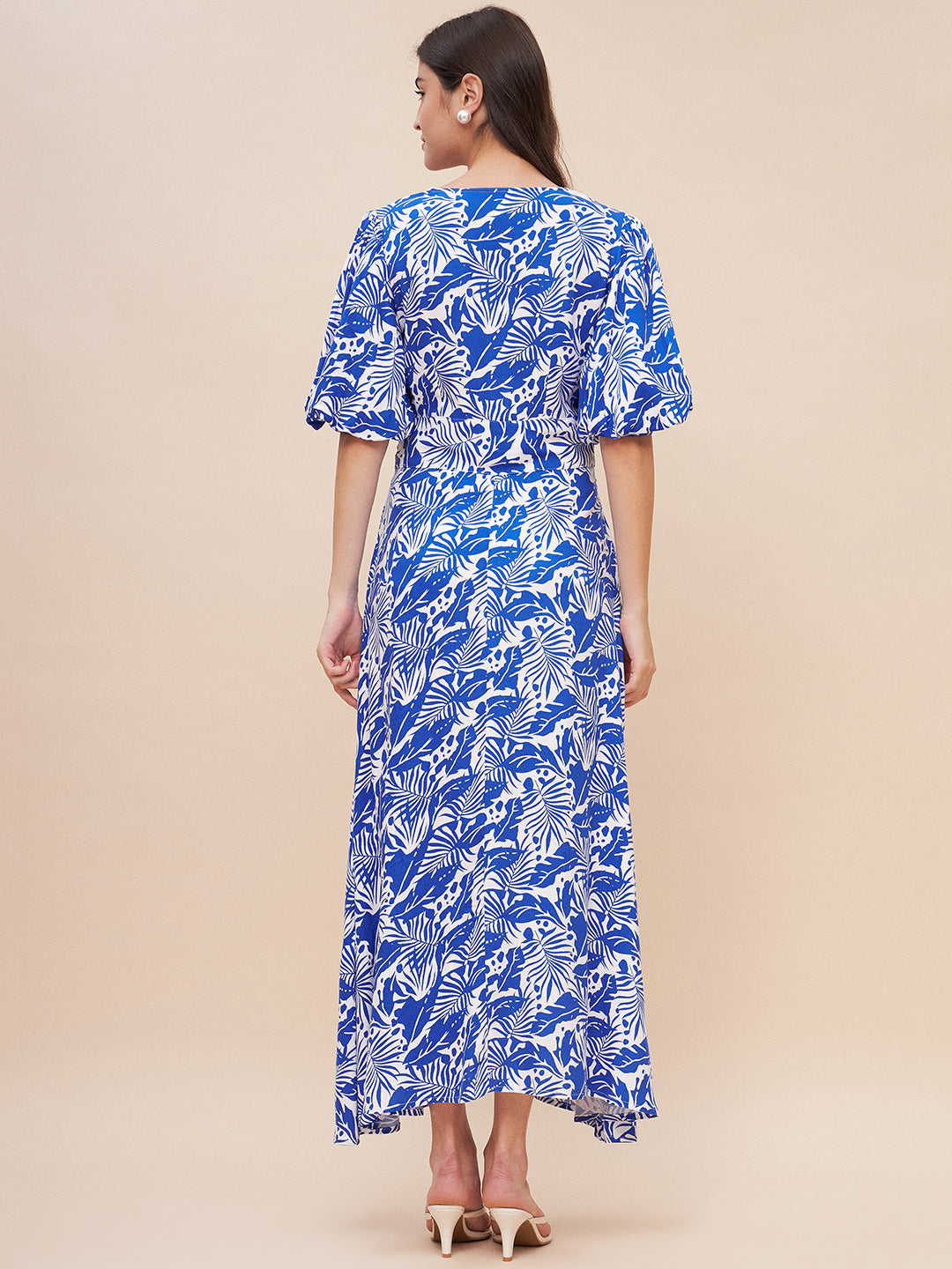Blue Leaf Print Corset Detail Maxi Dress