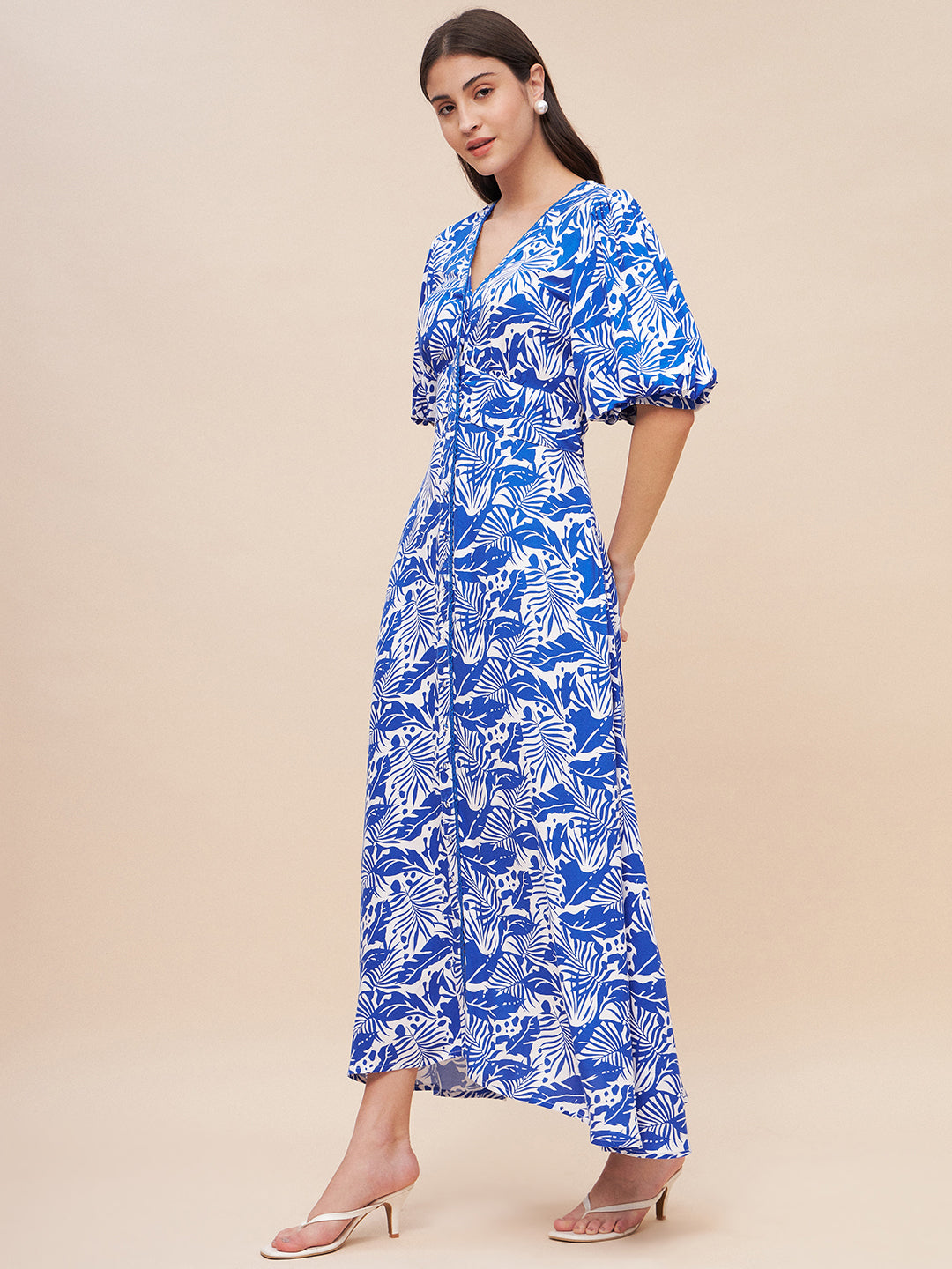Blue Leaf Print Corset Detail Maxi Dress