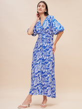 Blue Leaf Print Corset Detail Maxi Dress