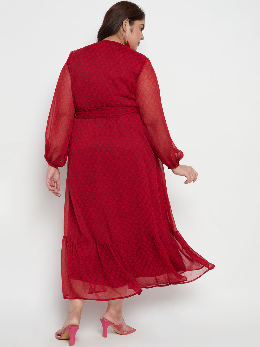 Red Ditsy Floral Printed Tiered Maxi Dress