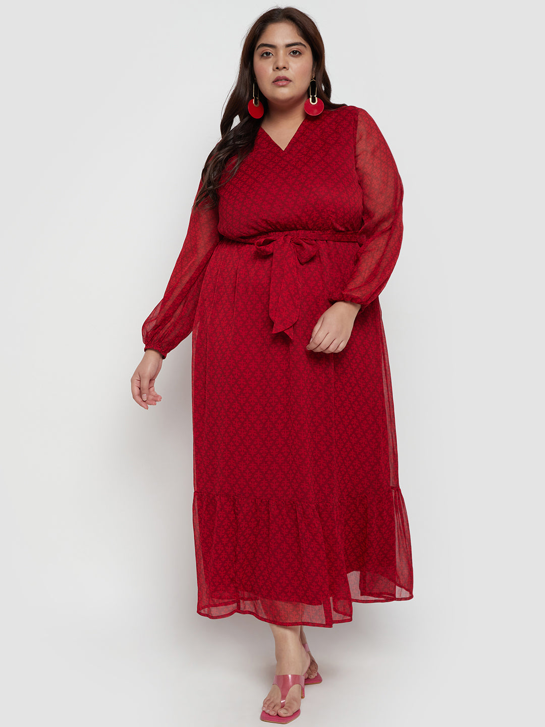Red Ditsy Floral Printed Tiered Maxi Dress