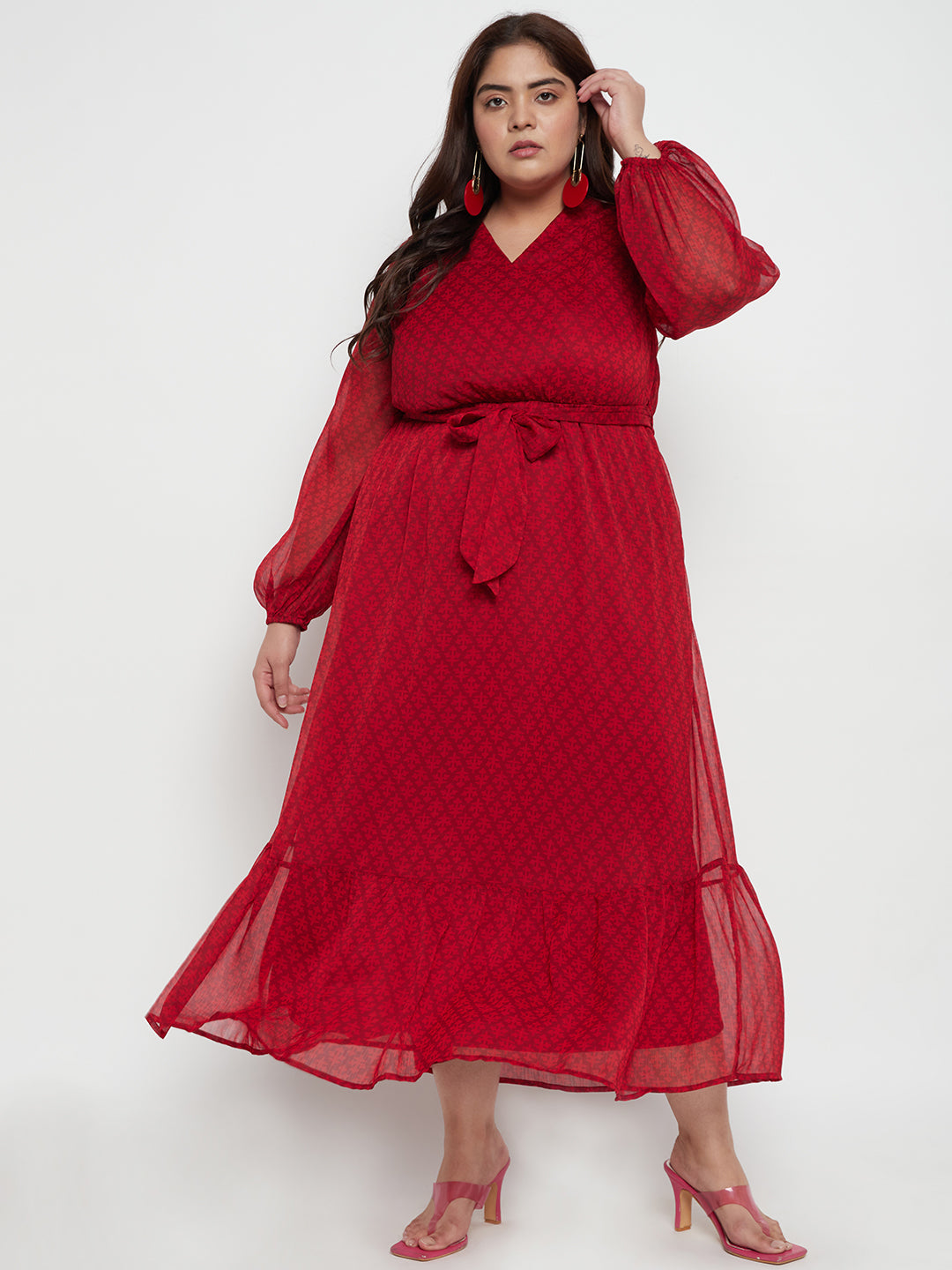 Red Ditsy Floral Printed Tiered Maxi Dress