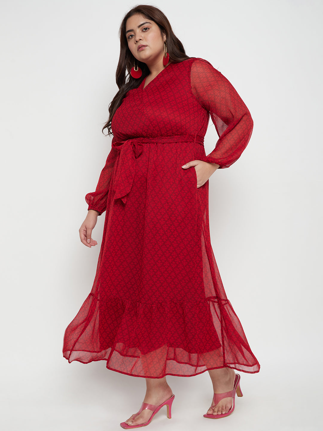 Red Ditsy Floral Printed Tiered Maxi Dress