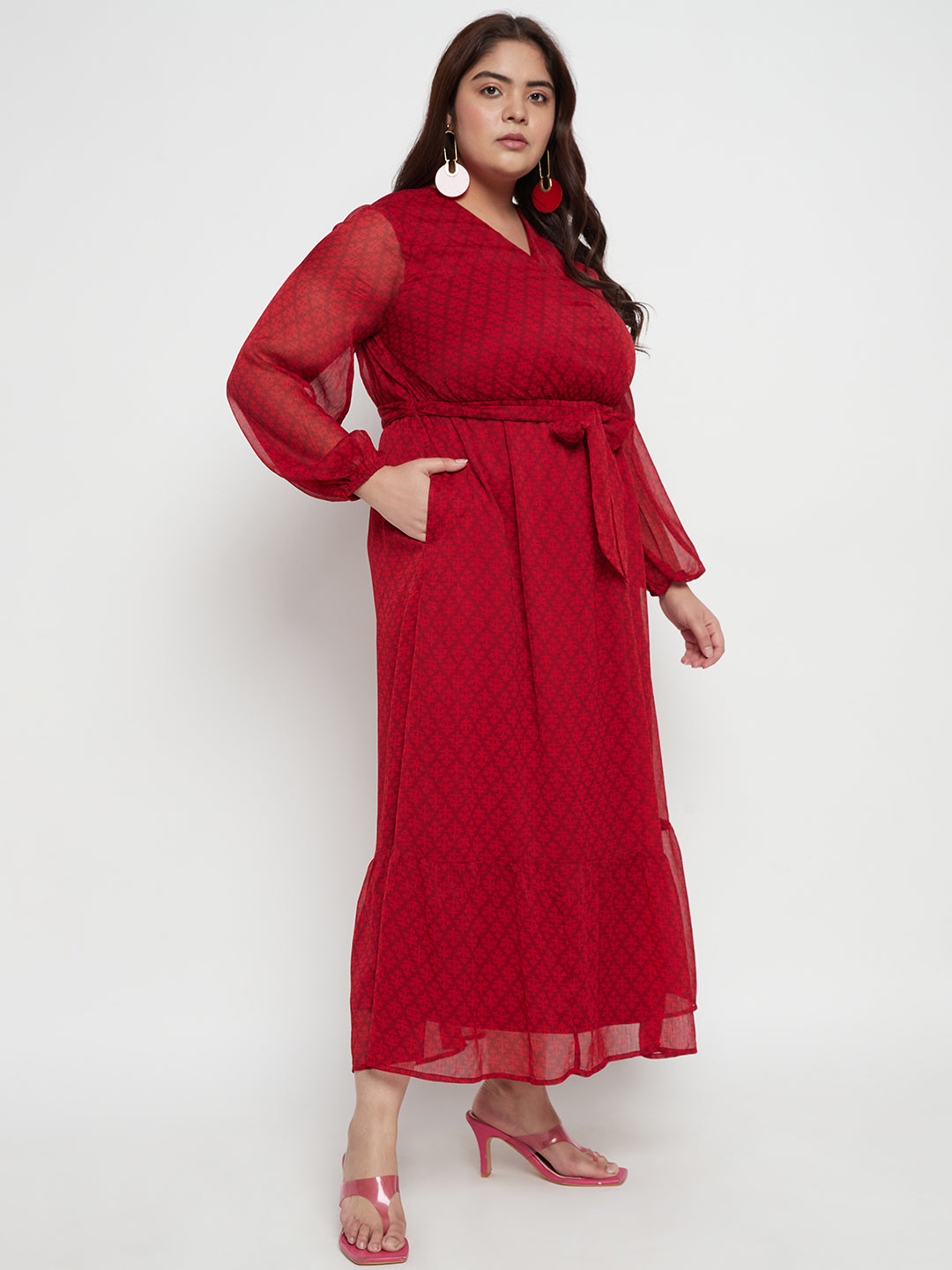 Red Ditsy Floral Printed Tiered Maxi Dress