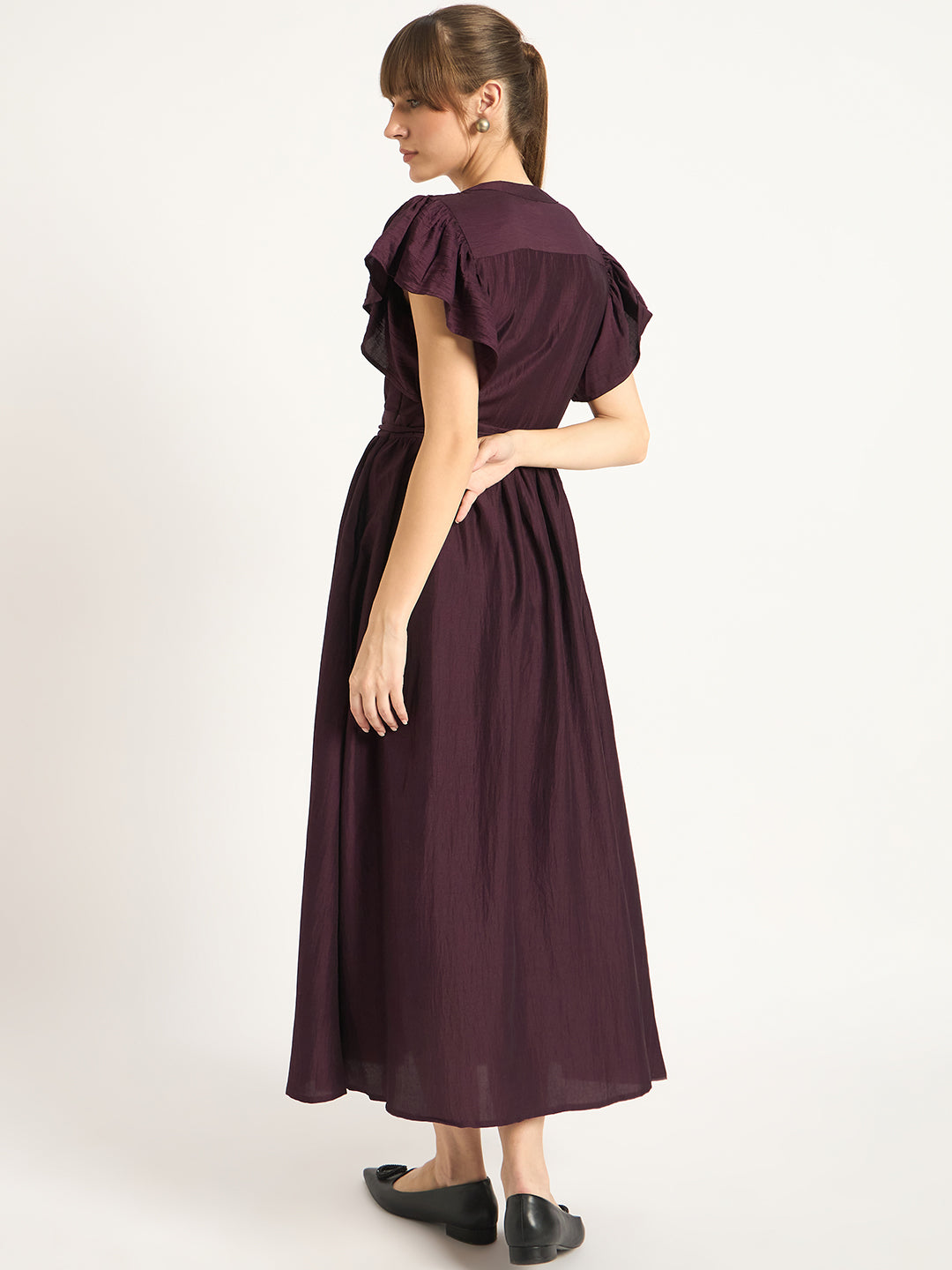 Wine Flutter Sleeves Maxi Dress