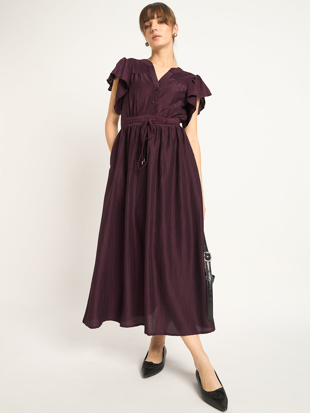 Wine Flutter Sleeves Maxi Dress
