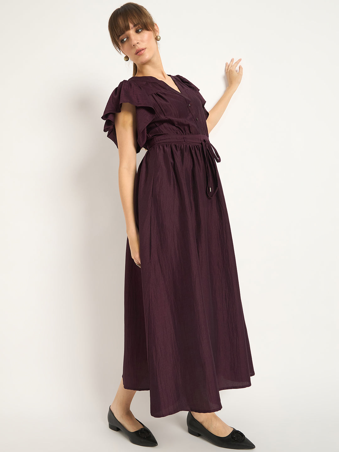 Wine Flutter Sleeves Maxi Dress