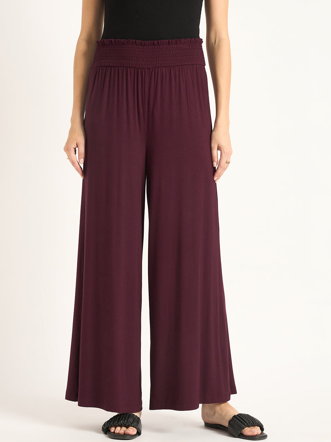 Bamboo Wine Knit Smocking Detail Wide-leg Pants