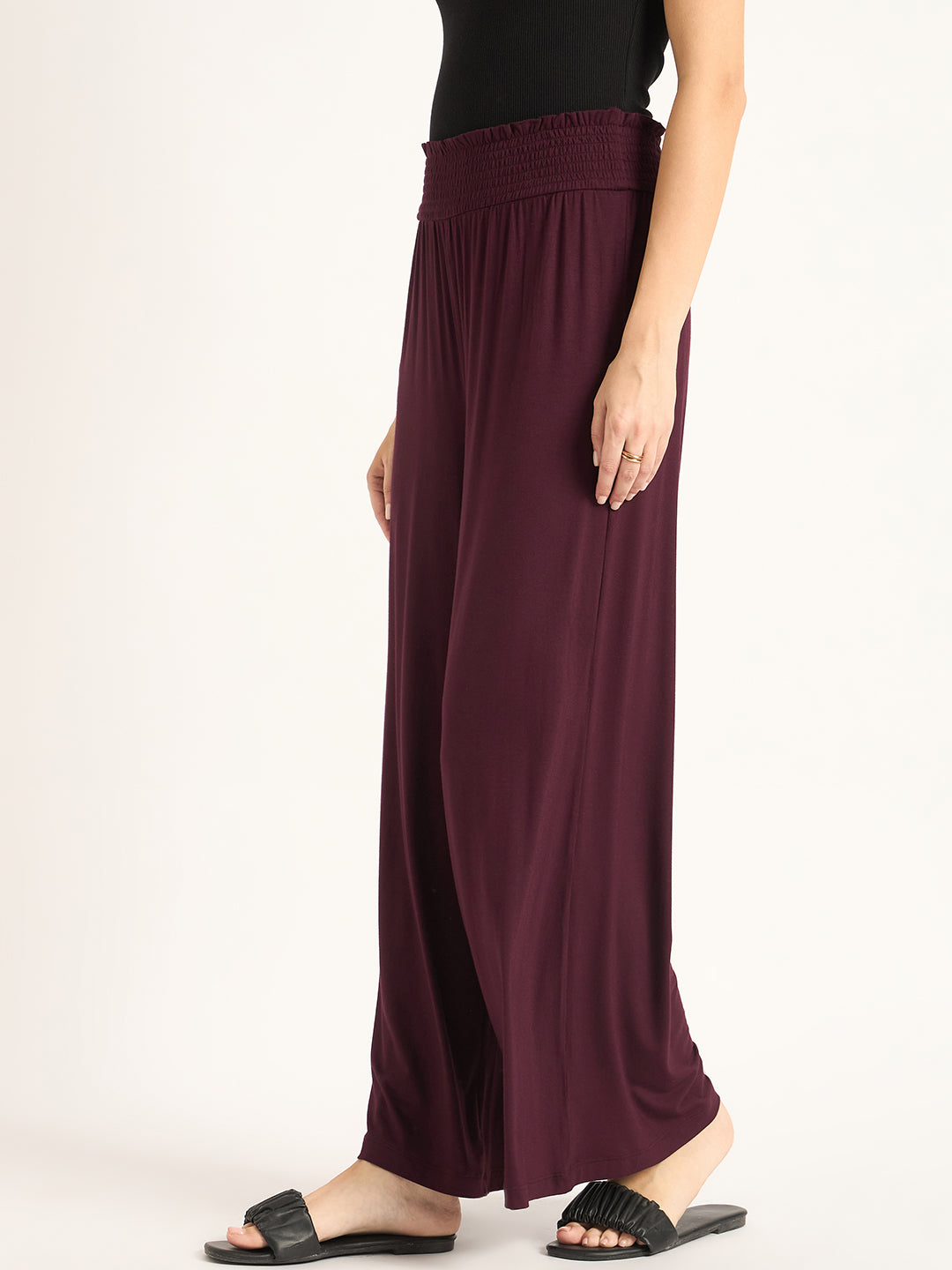 Bamboo Wine Knit Smocking Detail Wide-leg Pants