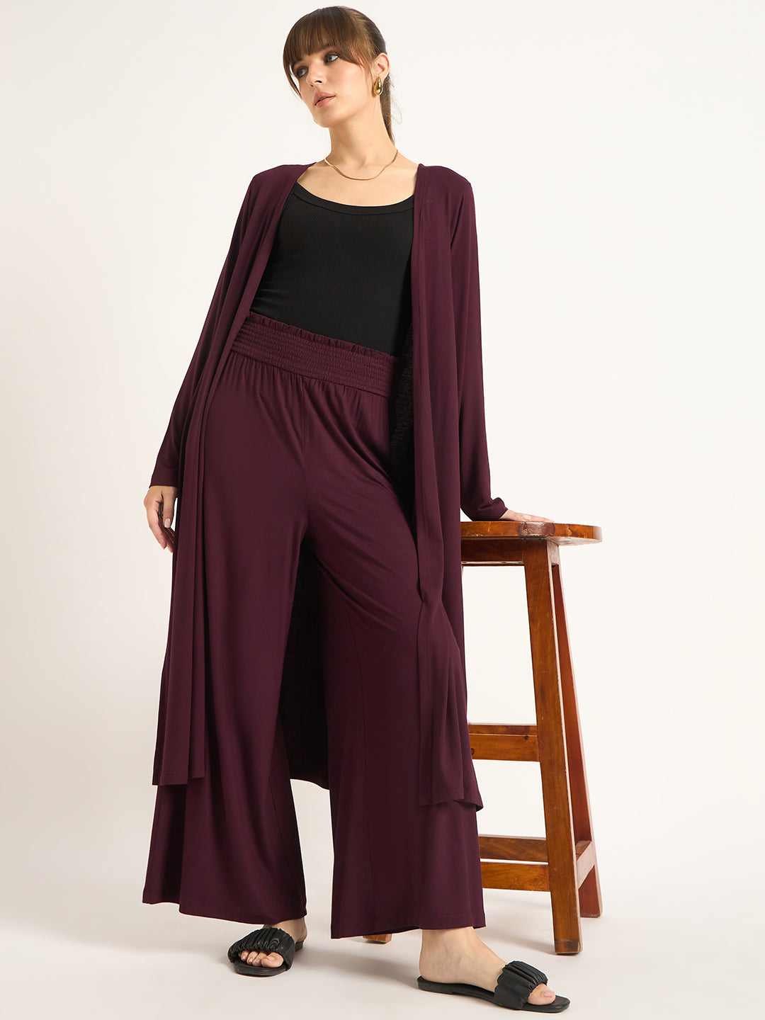 Bamboo Wine Knit Smocking Detail Wide-leg Pants
