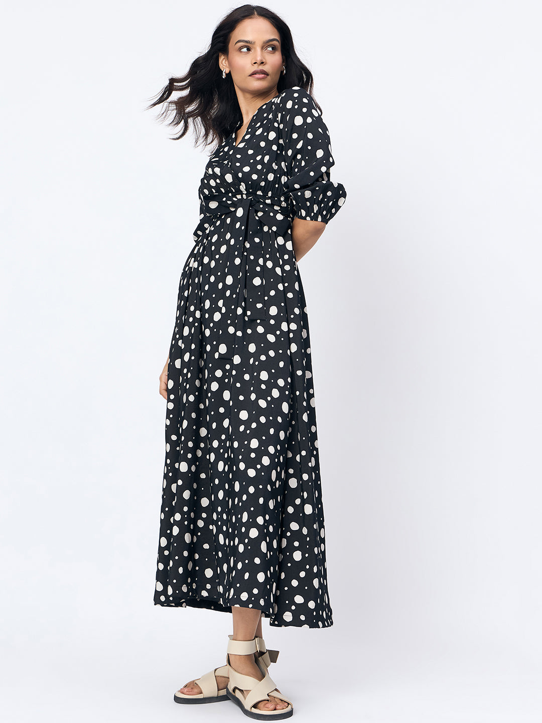 Black Polka Wrap Maxi Dress