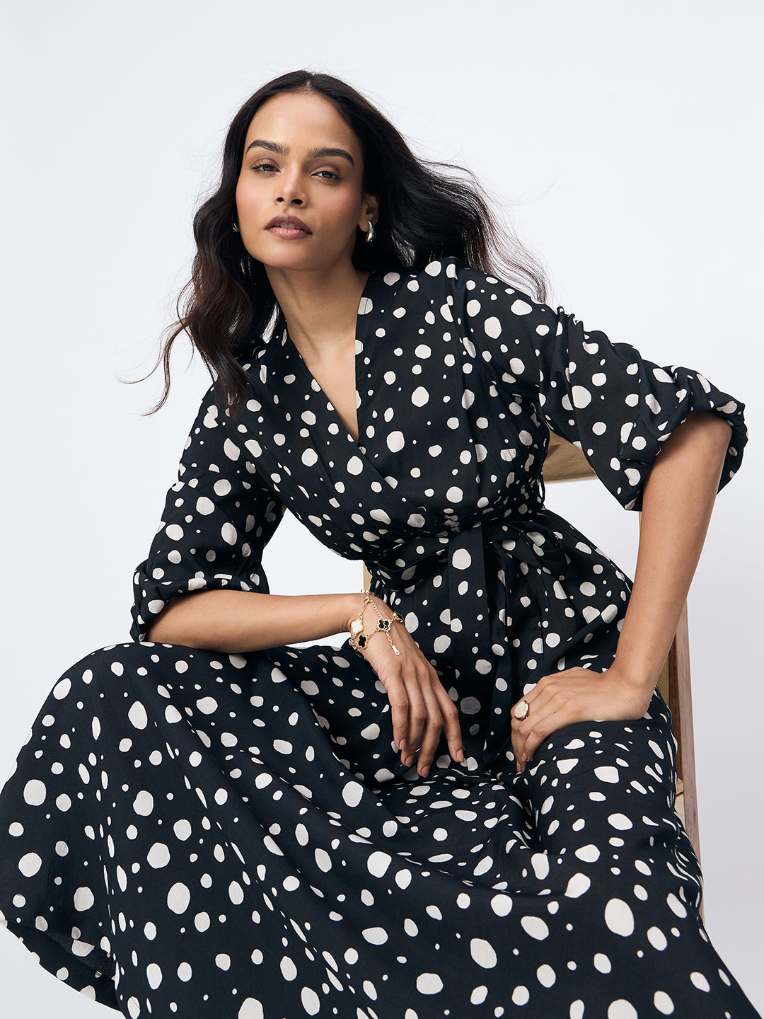 Black Polka Wrap Maxi Dress