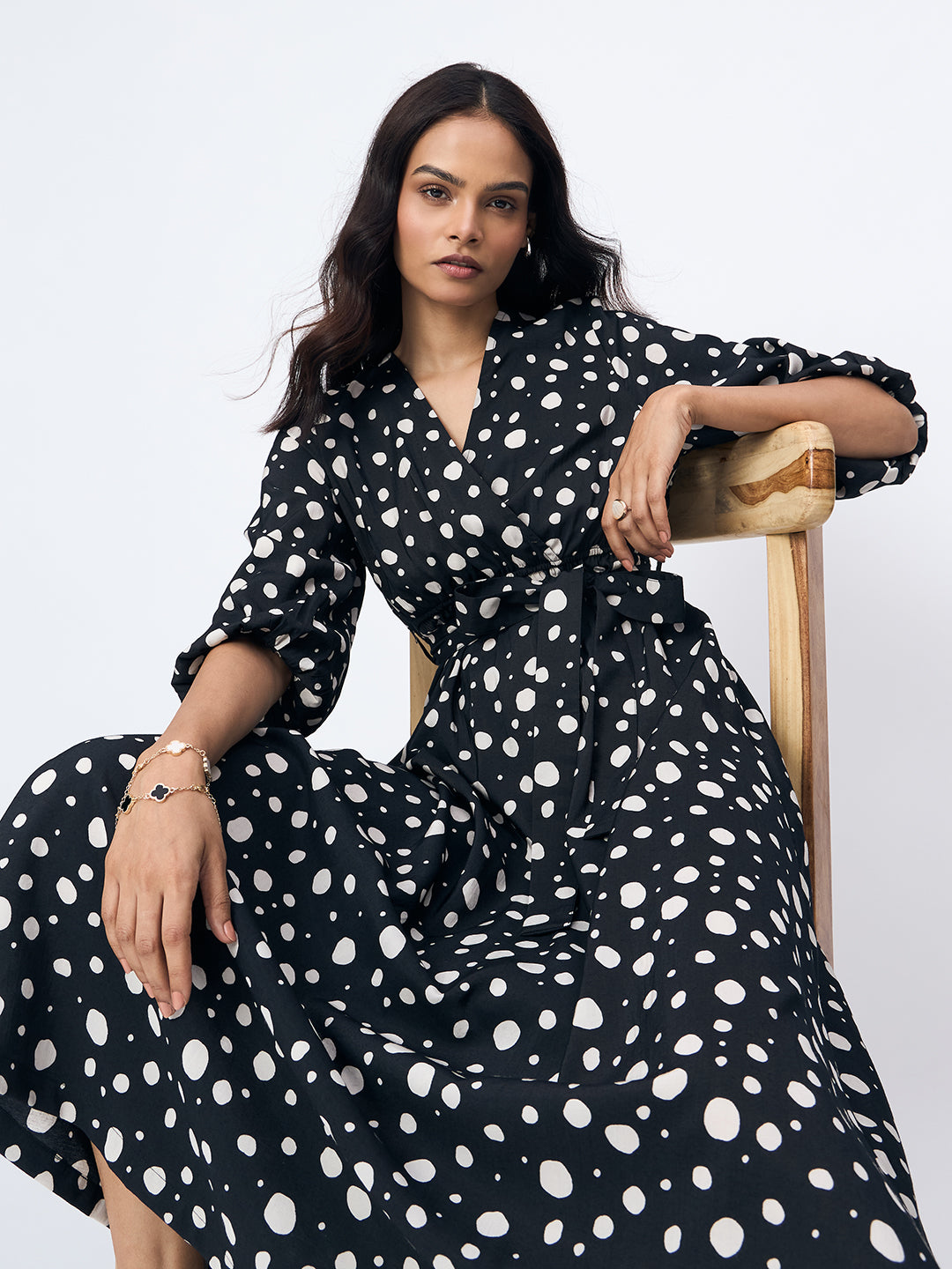 Black Polka Wrap Maxi Dress