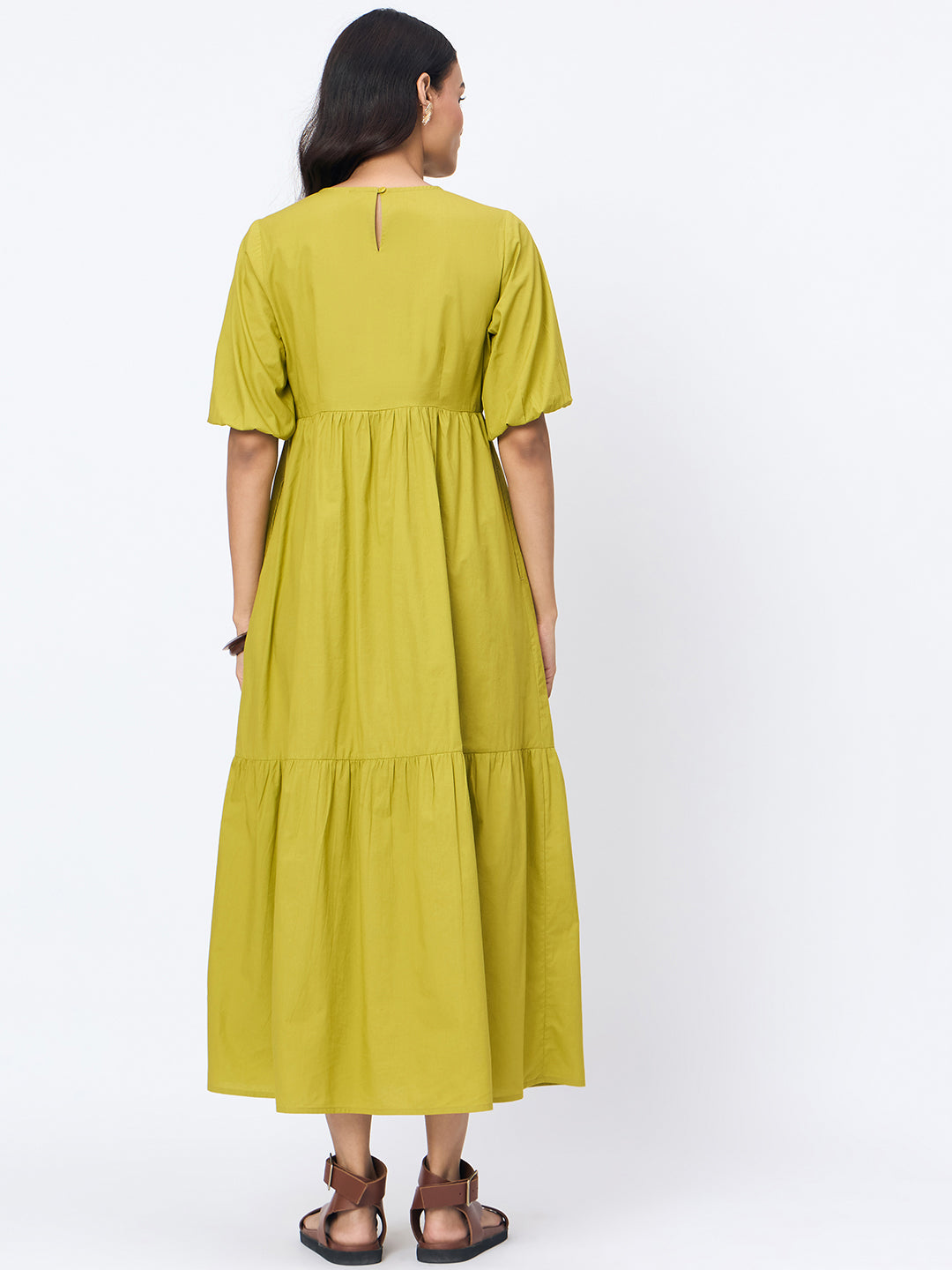 Citrine Green Poplin Tiered Maxi Dress