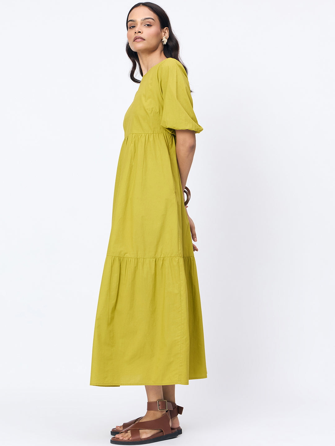 Citrine Green Poplin Tiered Maxi Dress