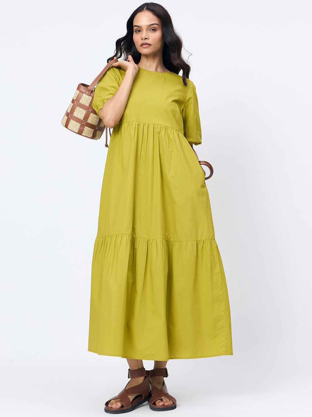 Citrine Green Poplin Tiered Maxi Dress