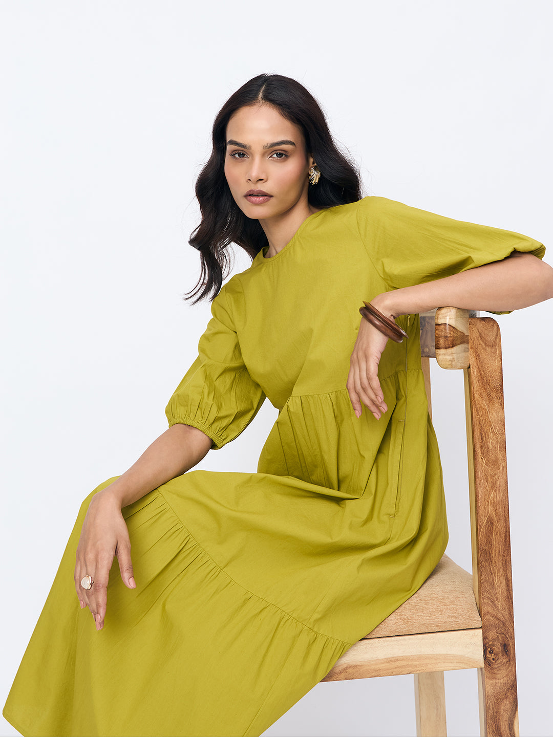 Citrine Green Poplin Tiered Maxi Dress