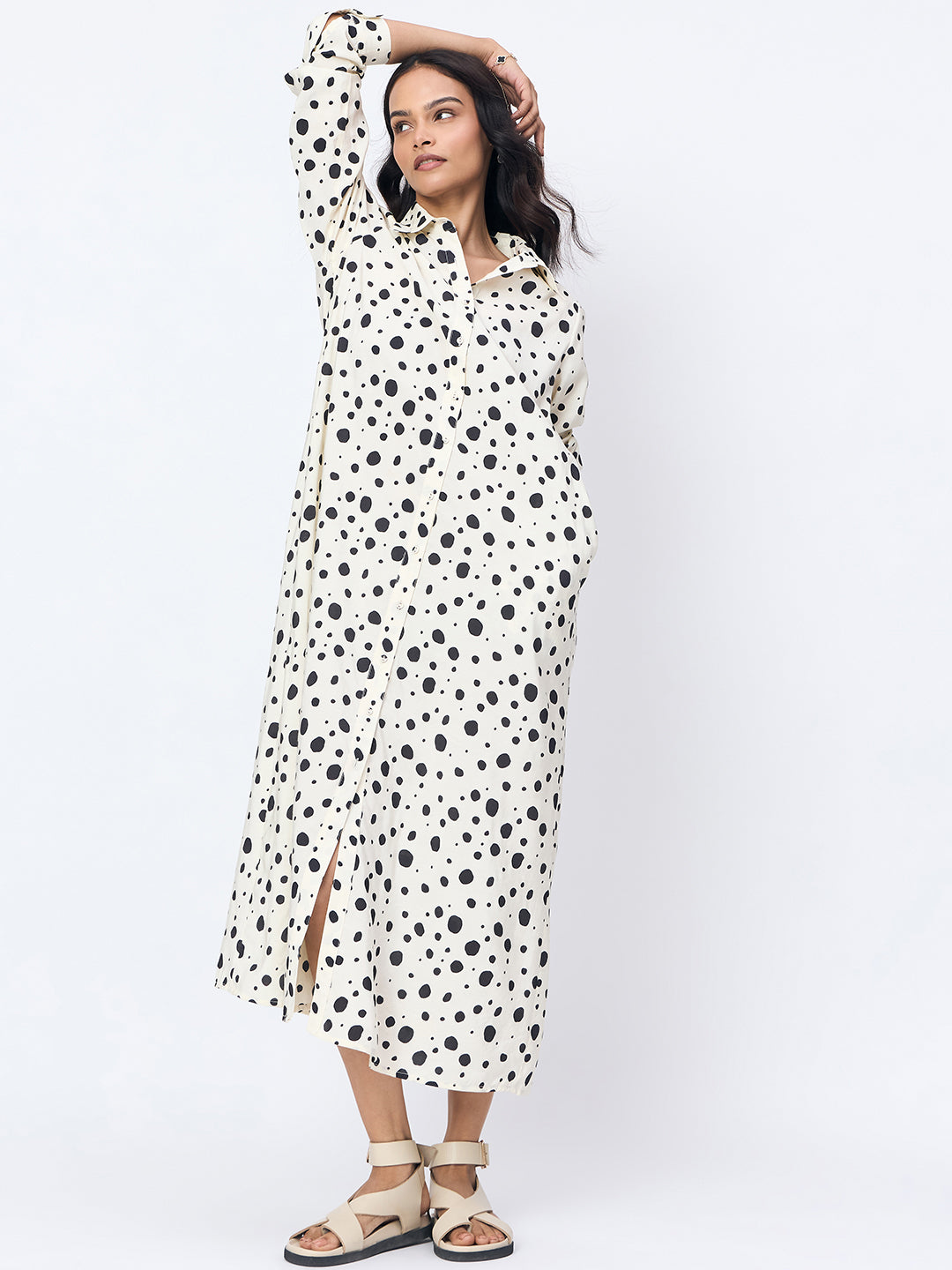 White Polka Shirt Maxi Dress