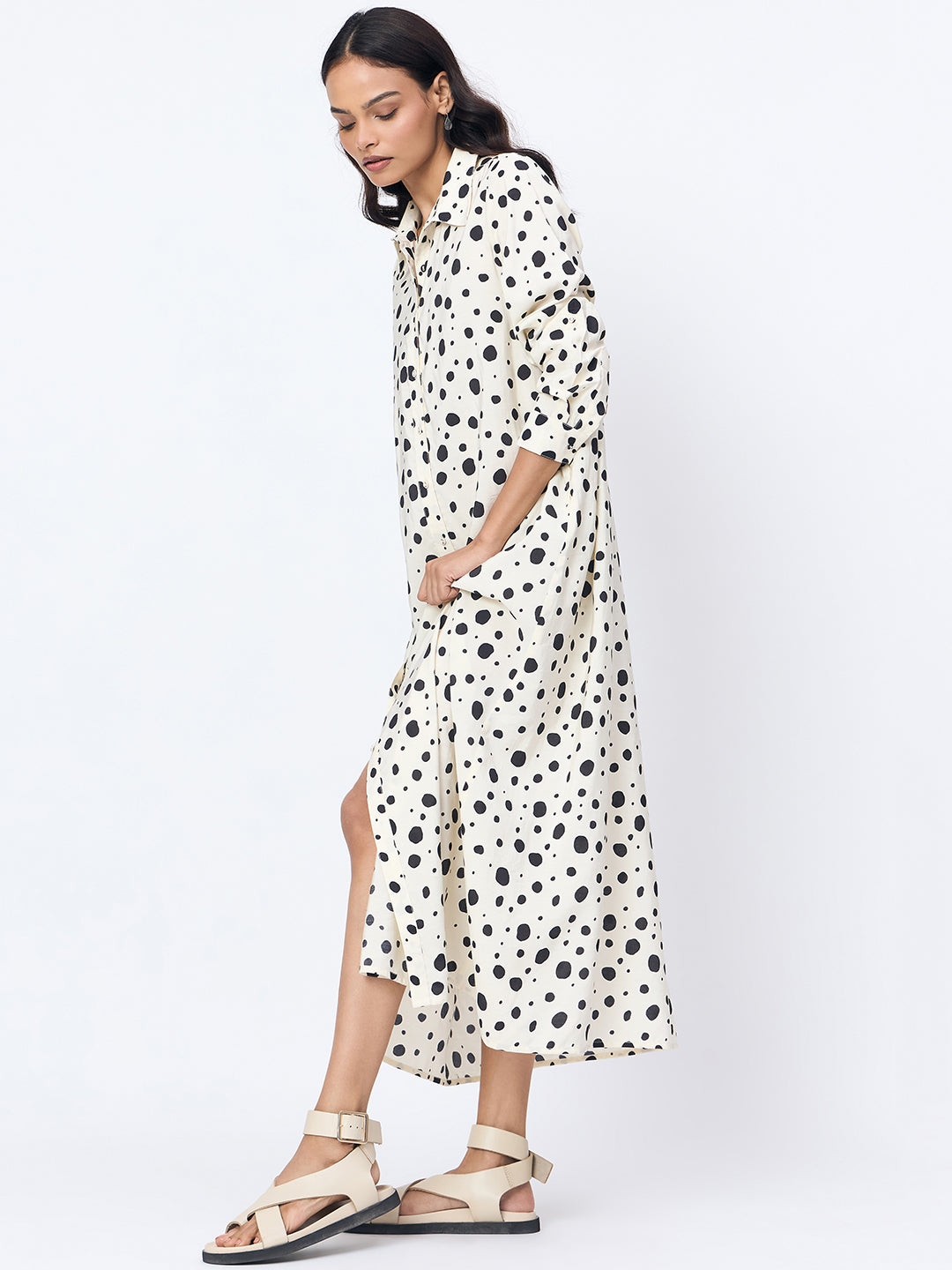 White Polka Shirt Maxi Dress