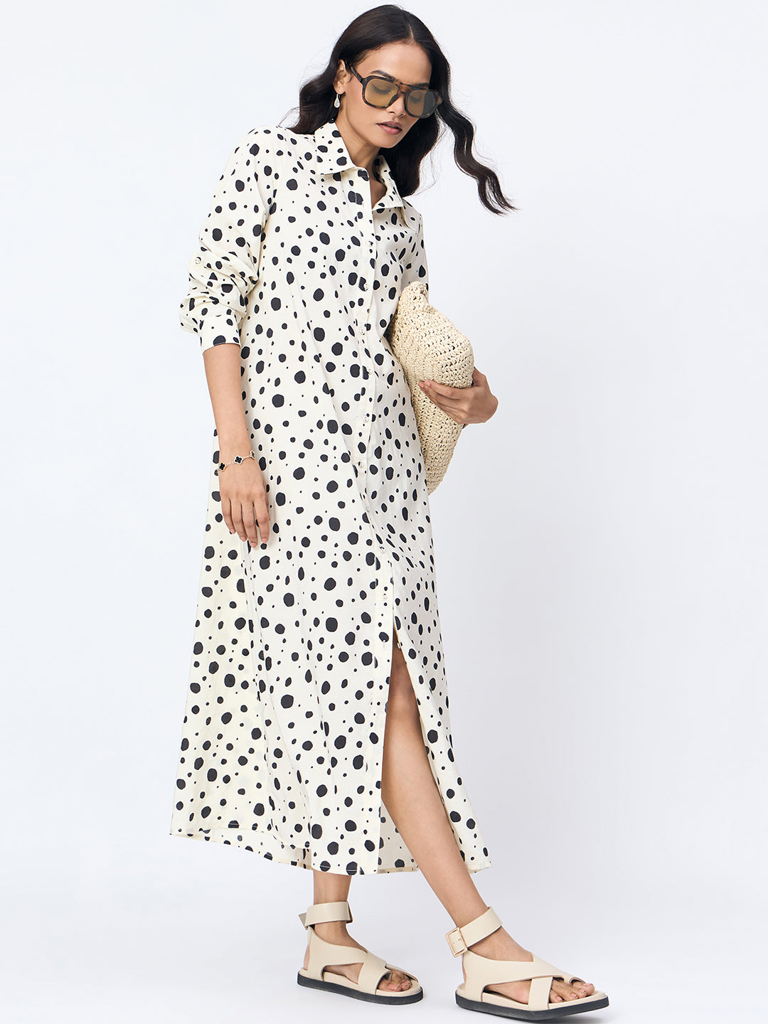 White Polka Shirt Maxi Dress