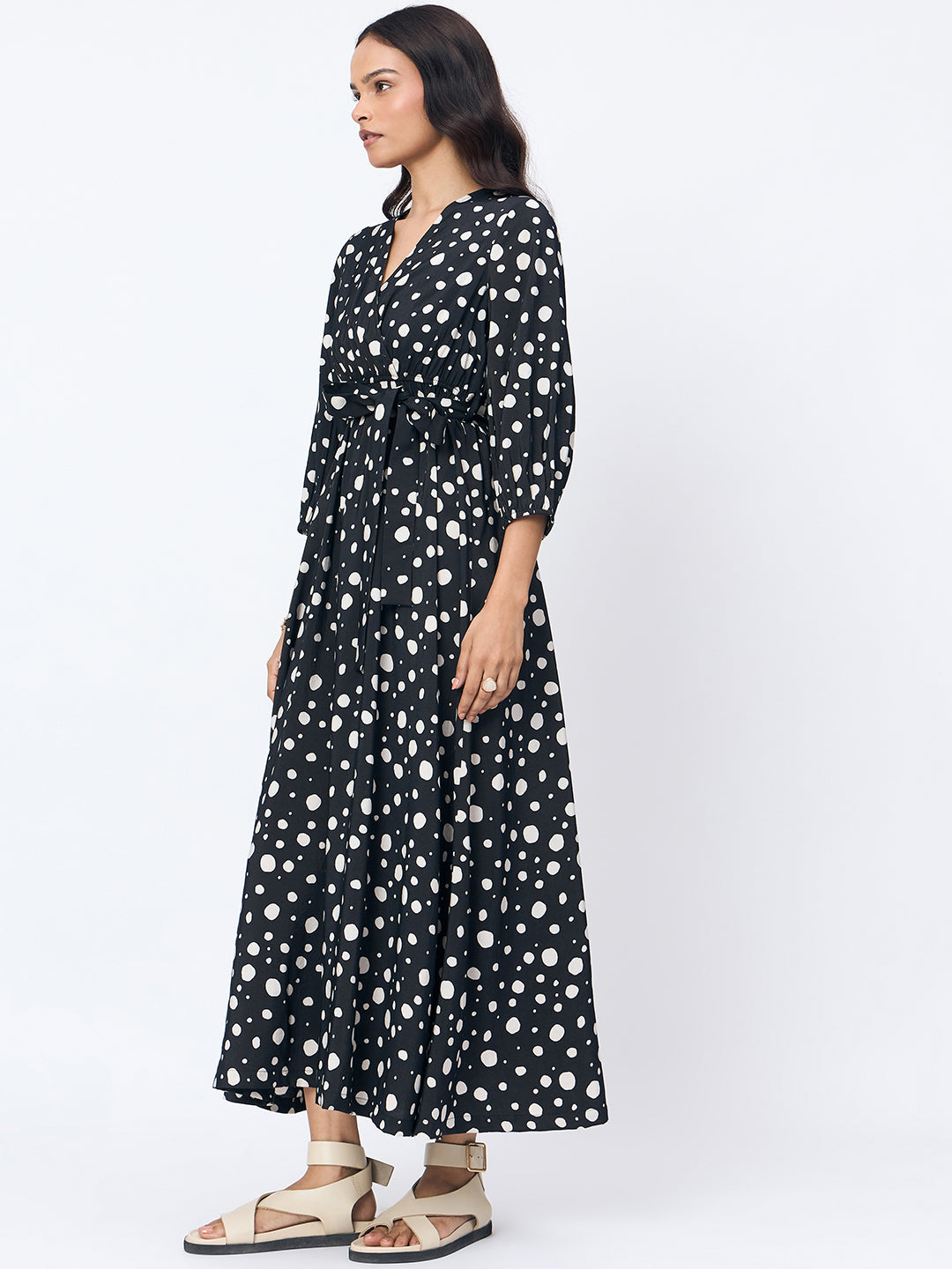 Black Polka Wrap Maxi Dress