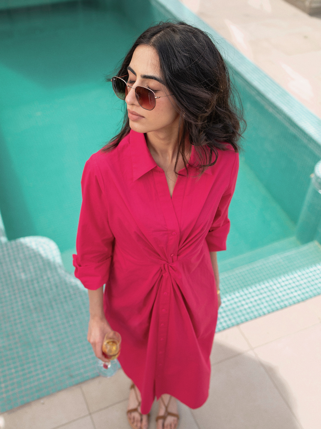 Pink Poplin Knot Detail Midi Dress