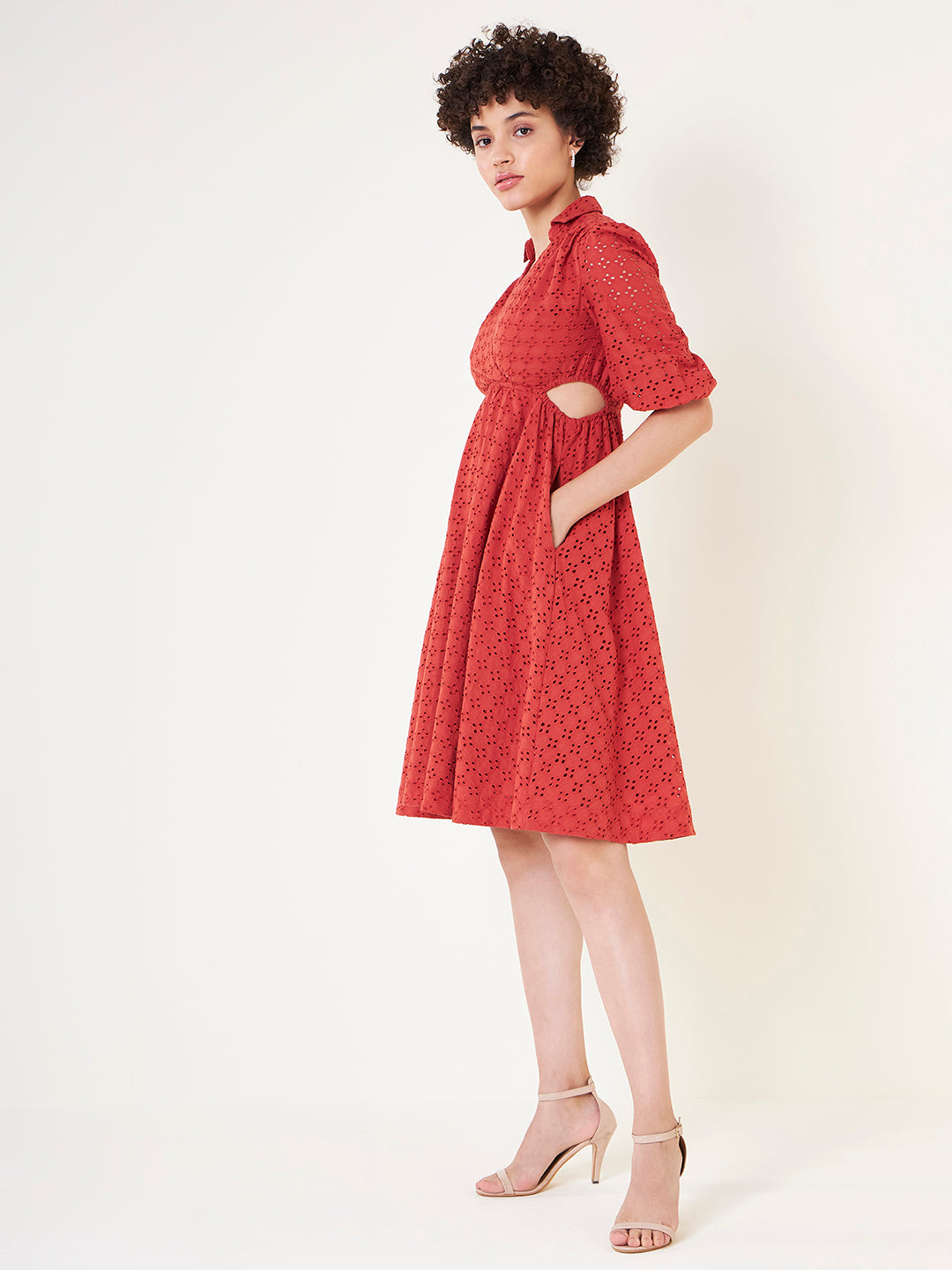 Rust Schiffli Cutout Midi Dress