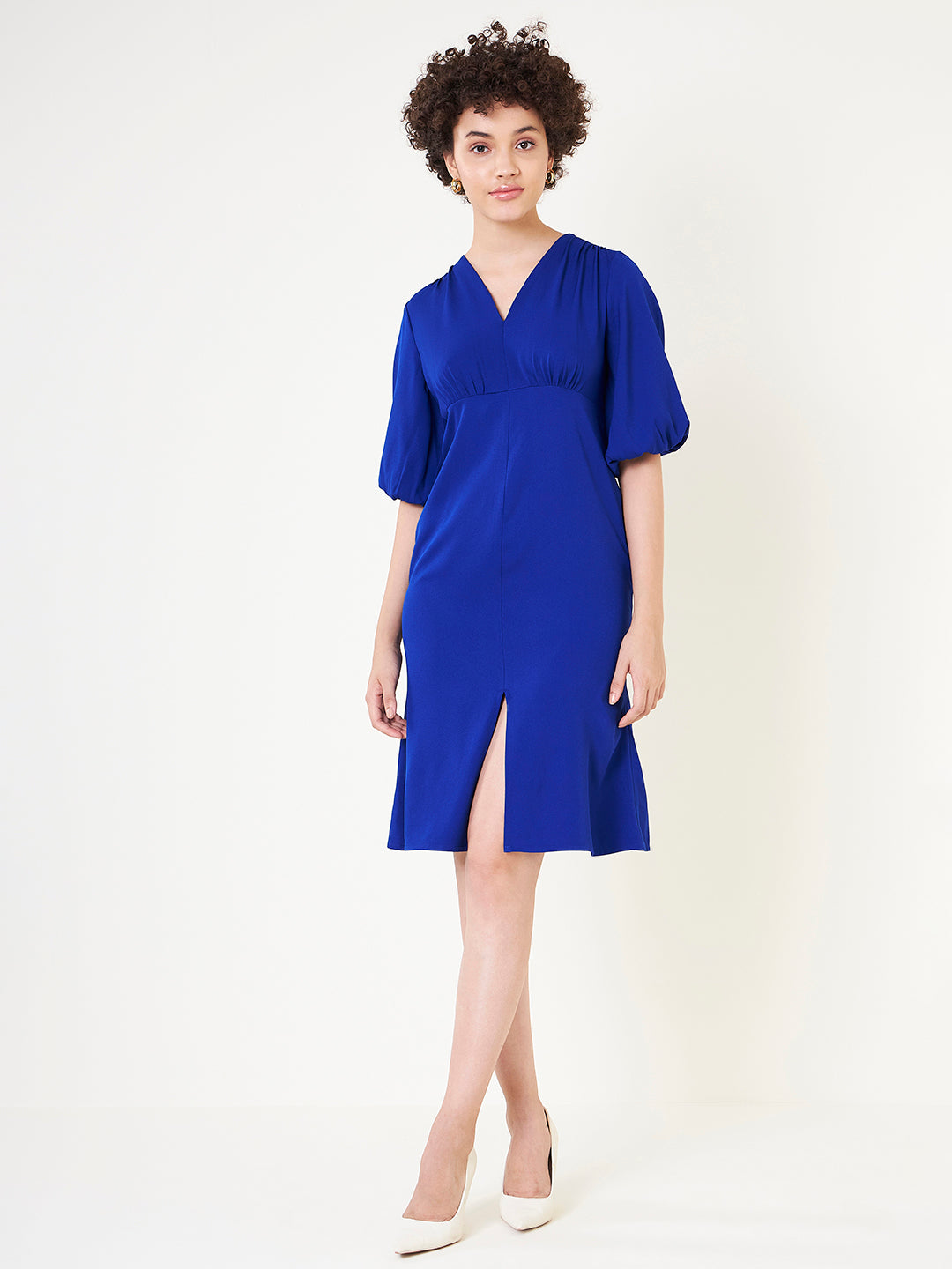 Blue Solid A Line Midi Dress