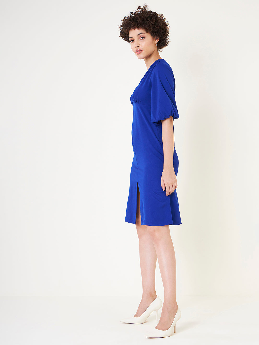 Blue Solid A Line Midi Dress