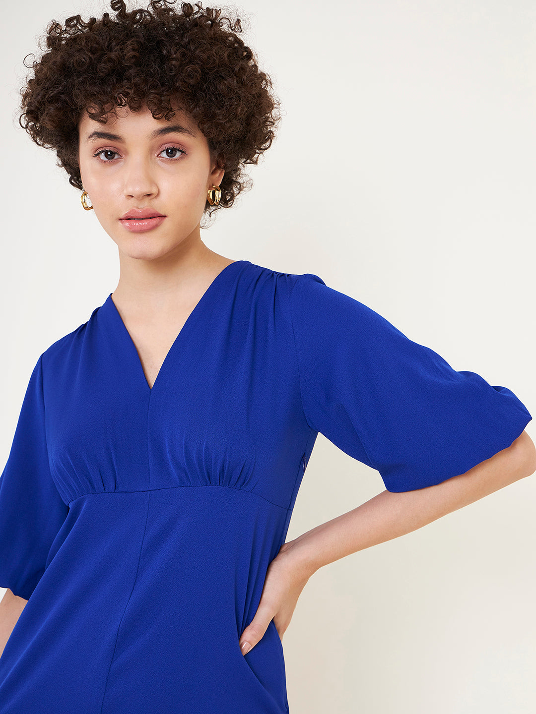 Blue Solid A Line Midi Dress