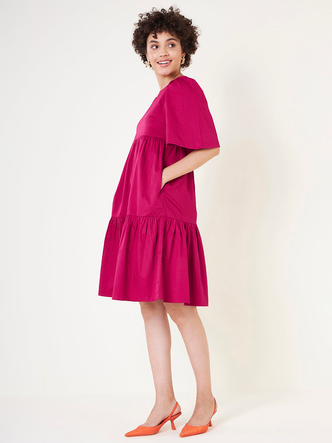 Pink Cotton Round Neck Tier Midi Dress