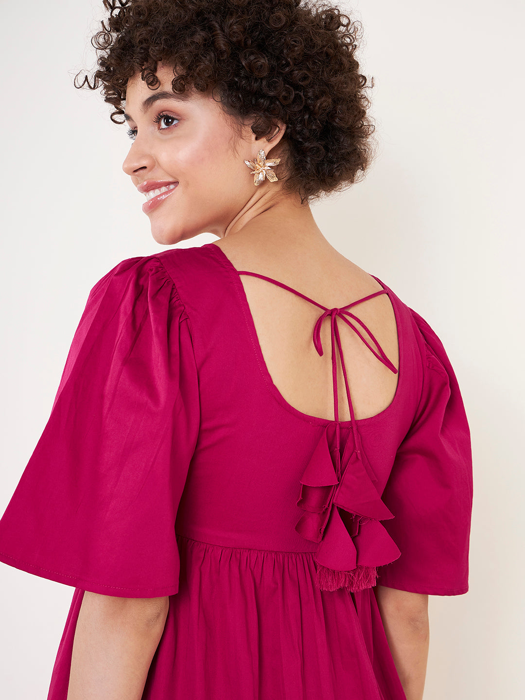 Pink Cotton Round Neck Tier Midi Dress