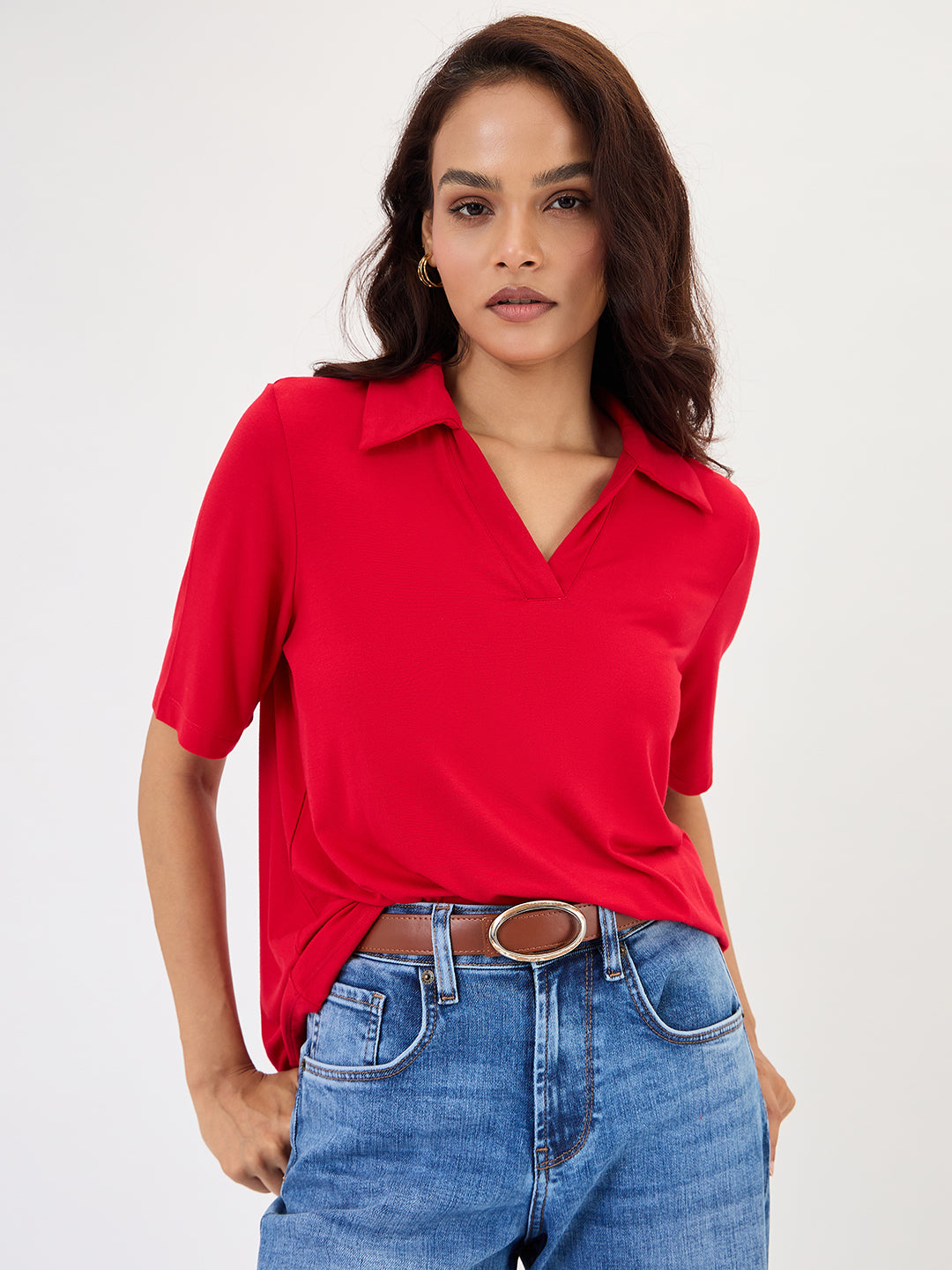 Bamboo Red Knit Collared T-Shirt