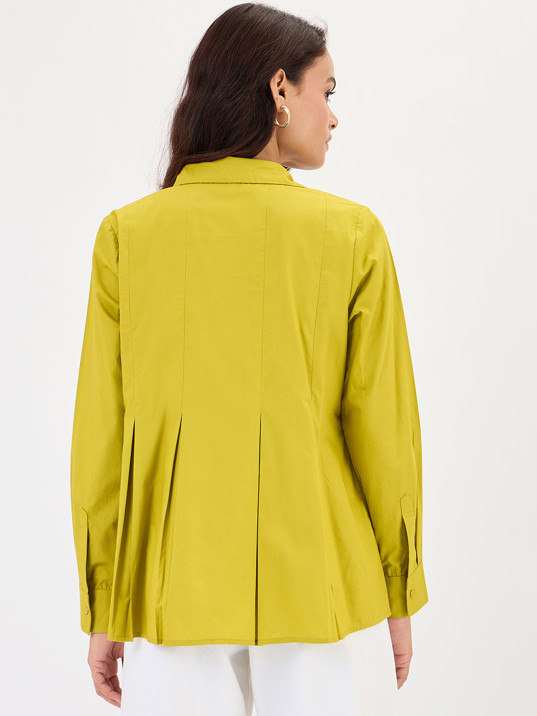 Citrine Green Poplin Pleated A-Line Shirt