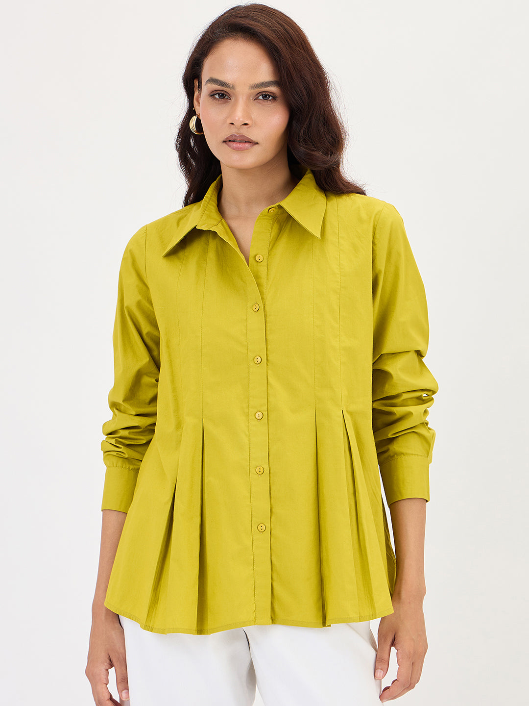 Citrine Green Poplin Pleated A-Line Shirt