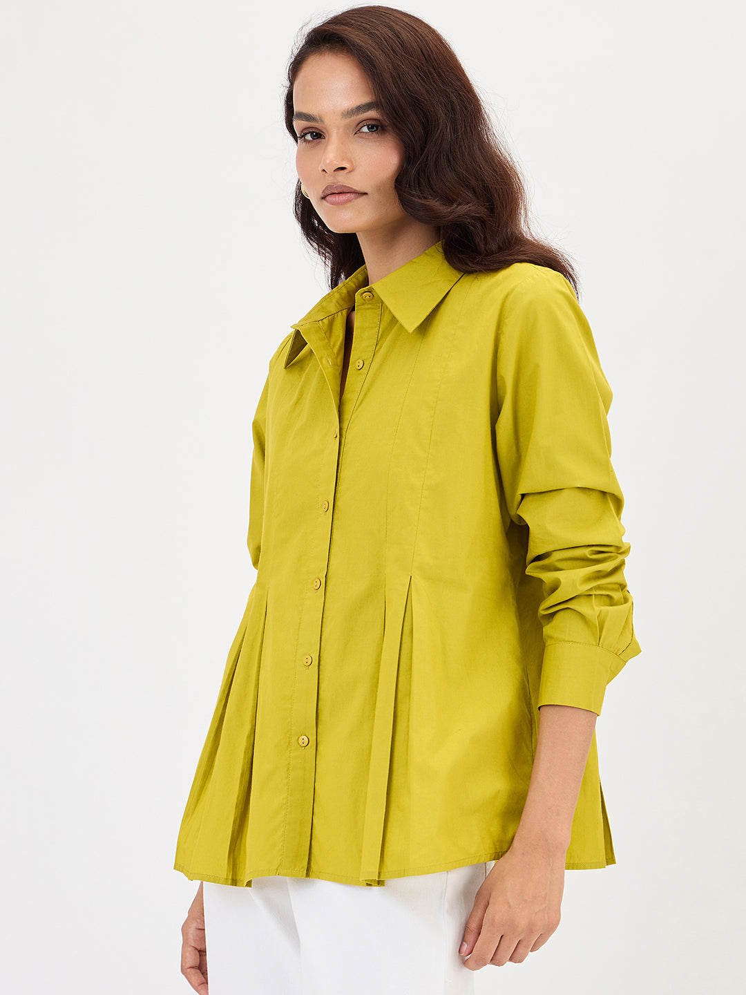 Citrine Green Poplin Pleated A-Line Shirt