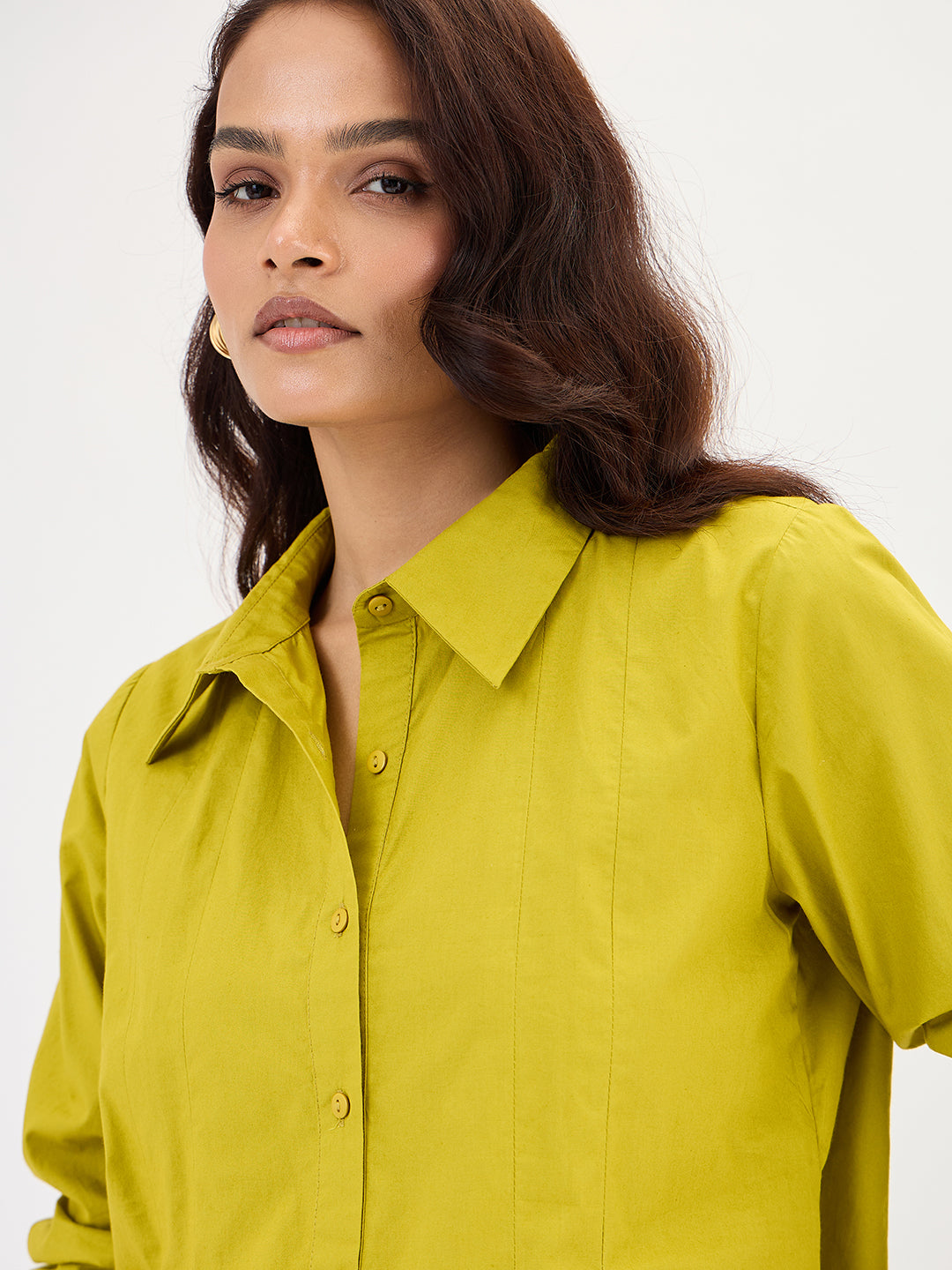 Citrine Green Poplin Pleated A-Line Shirt