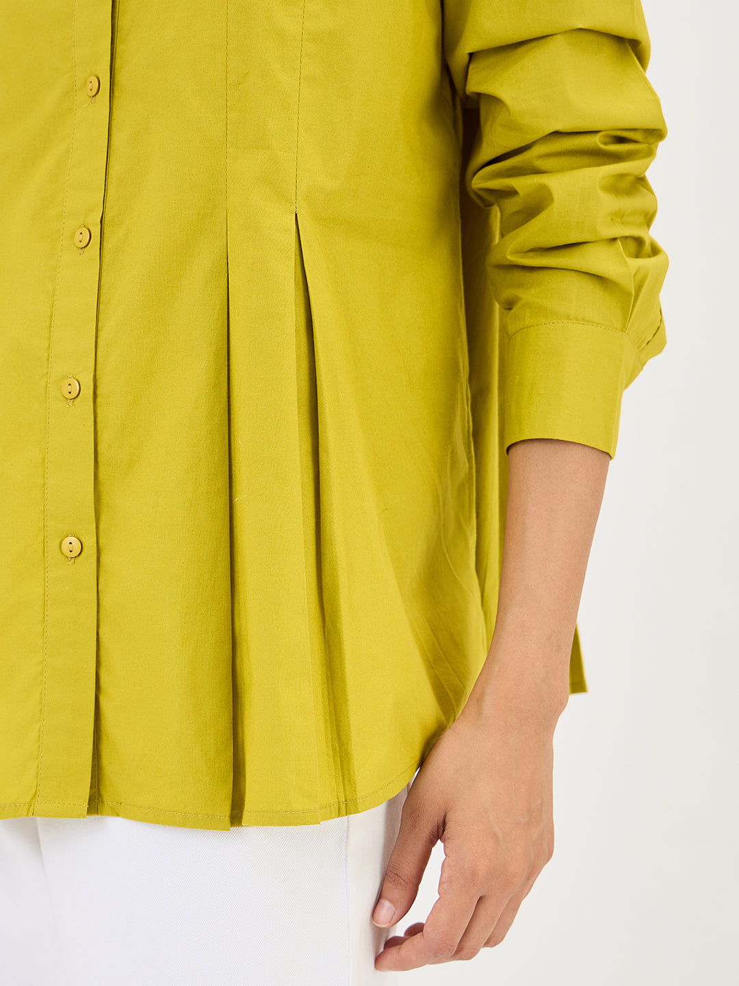 Citrine Green Poplin Pleated A-Line Shirt