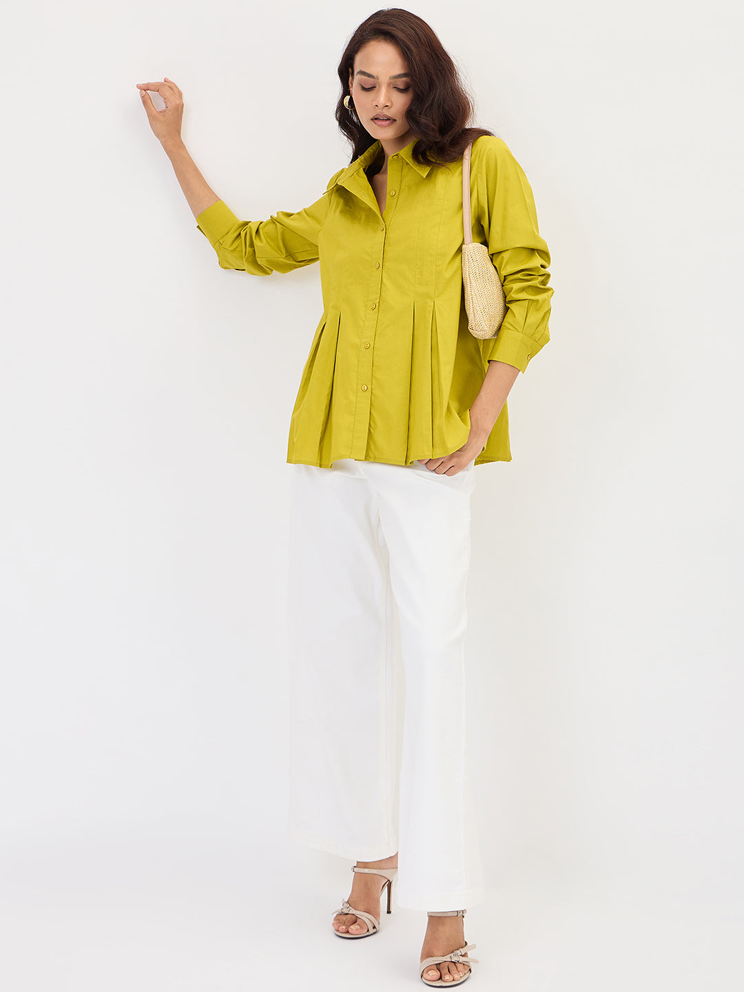 Citrine Green Poplin Pleated A-Line Shirt